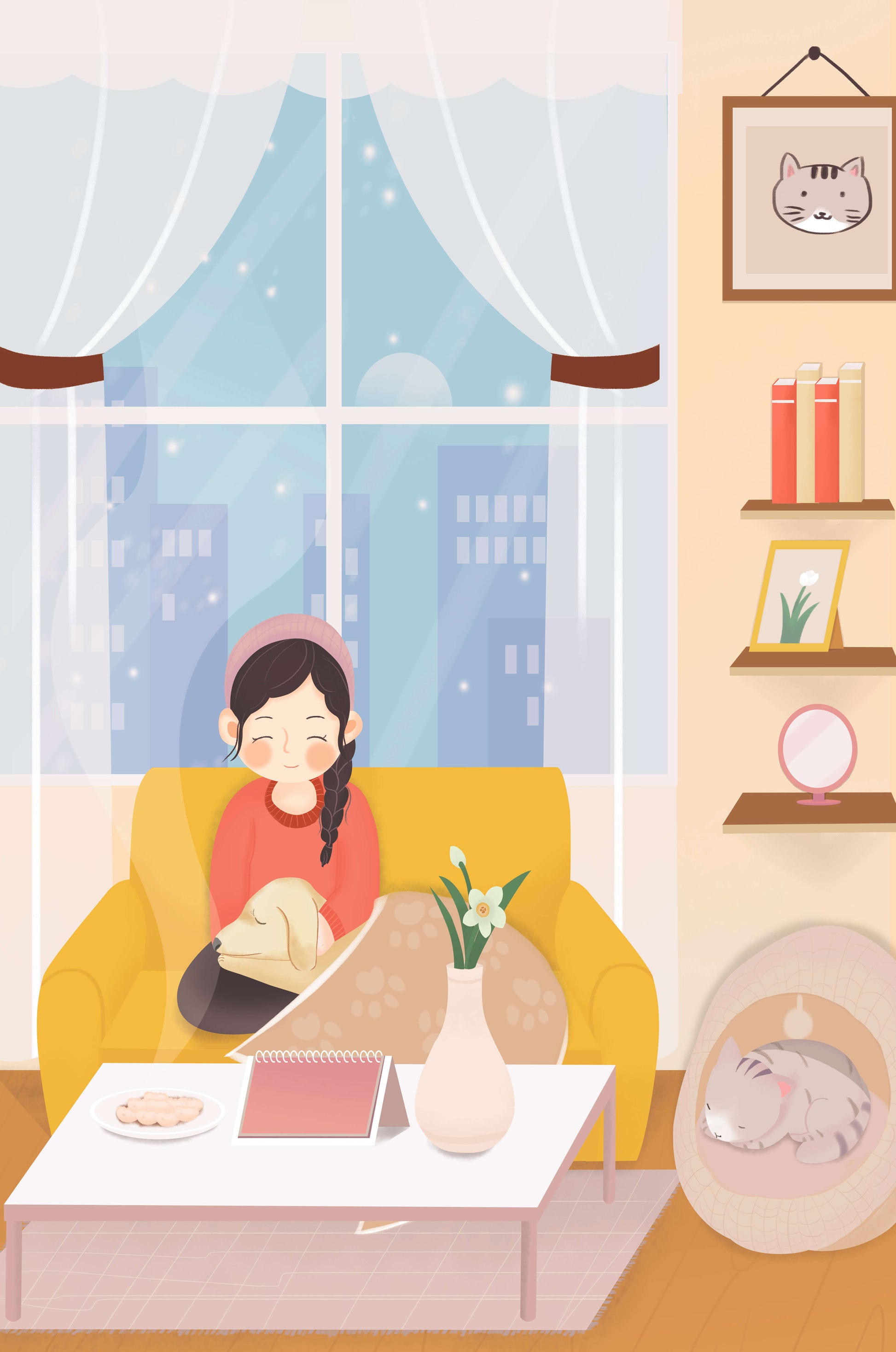 Cozy living room with a girl and a dog on a yellow sofa