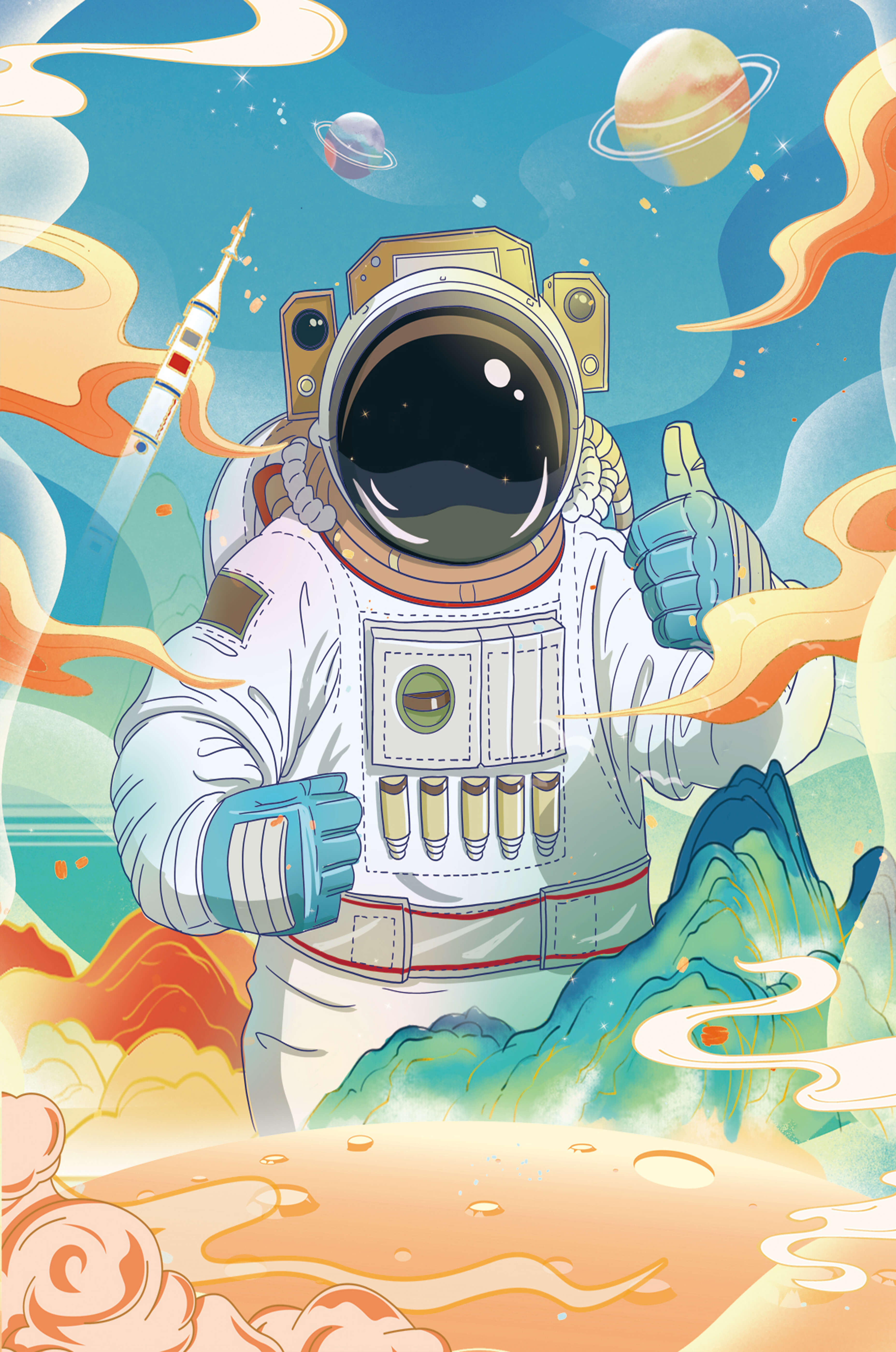 Colorful illustration of an astronaut in space with planets and rocket