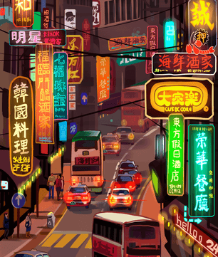 Vibrant urban street with neon signs and bustling traffic at night