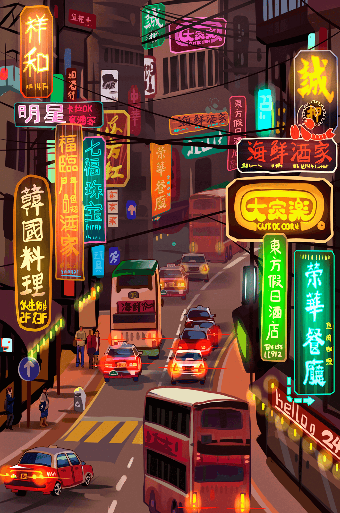 Vibrant urban street with neon signs and bustling traffic at night