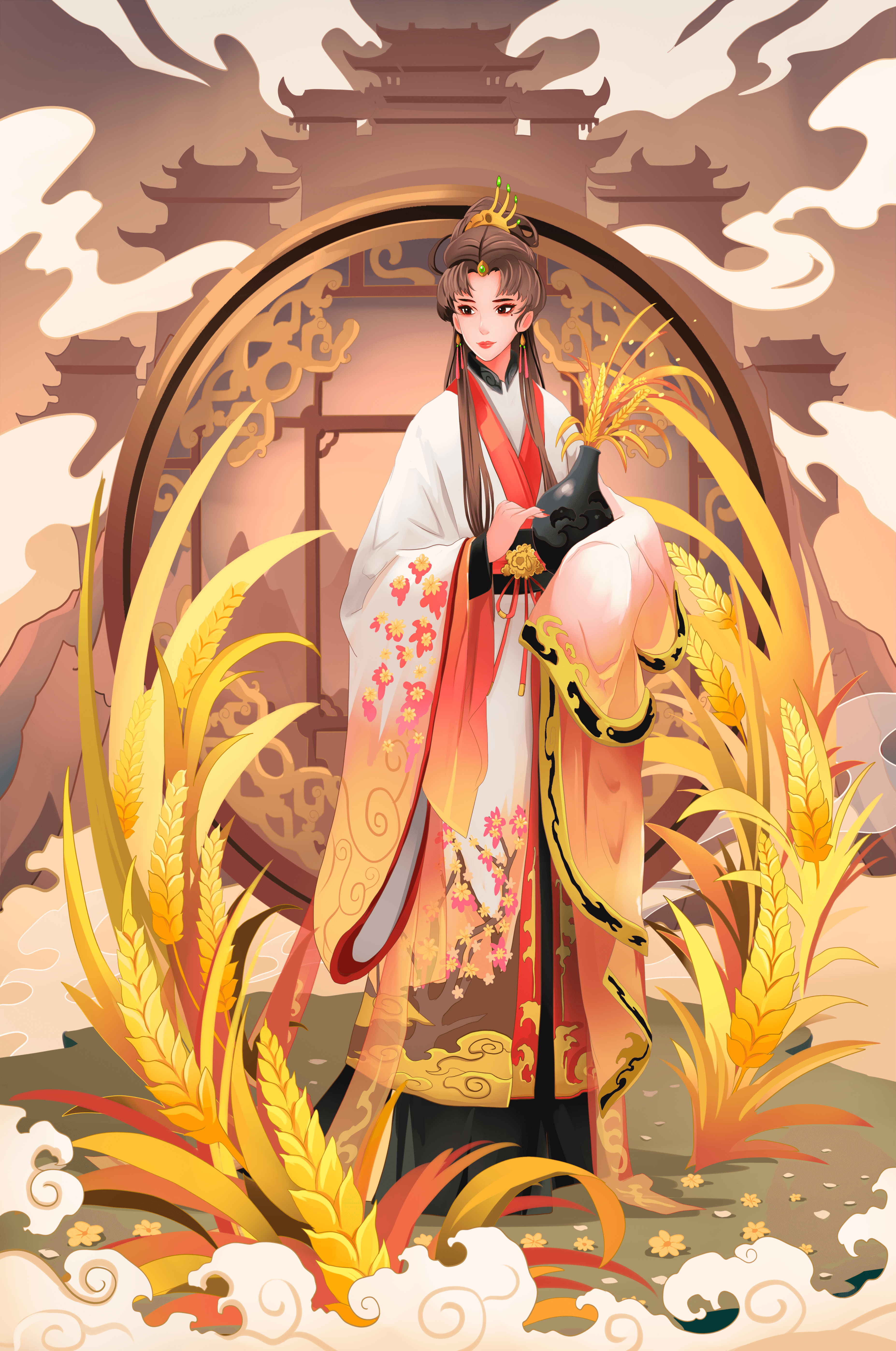 Elegant woman in traditional attire amidst golden wheat field and oriental architecture