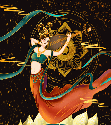 Elegant depiction of a divine musician with golden accents on a lotus