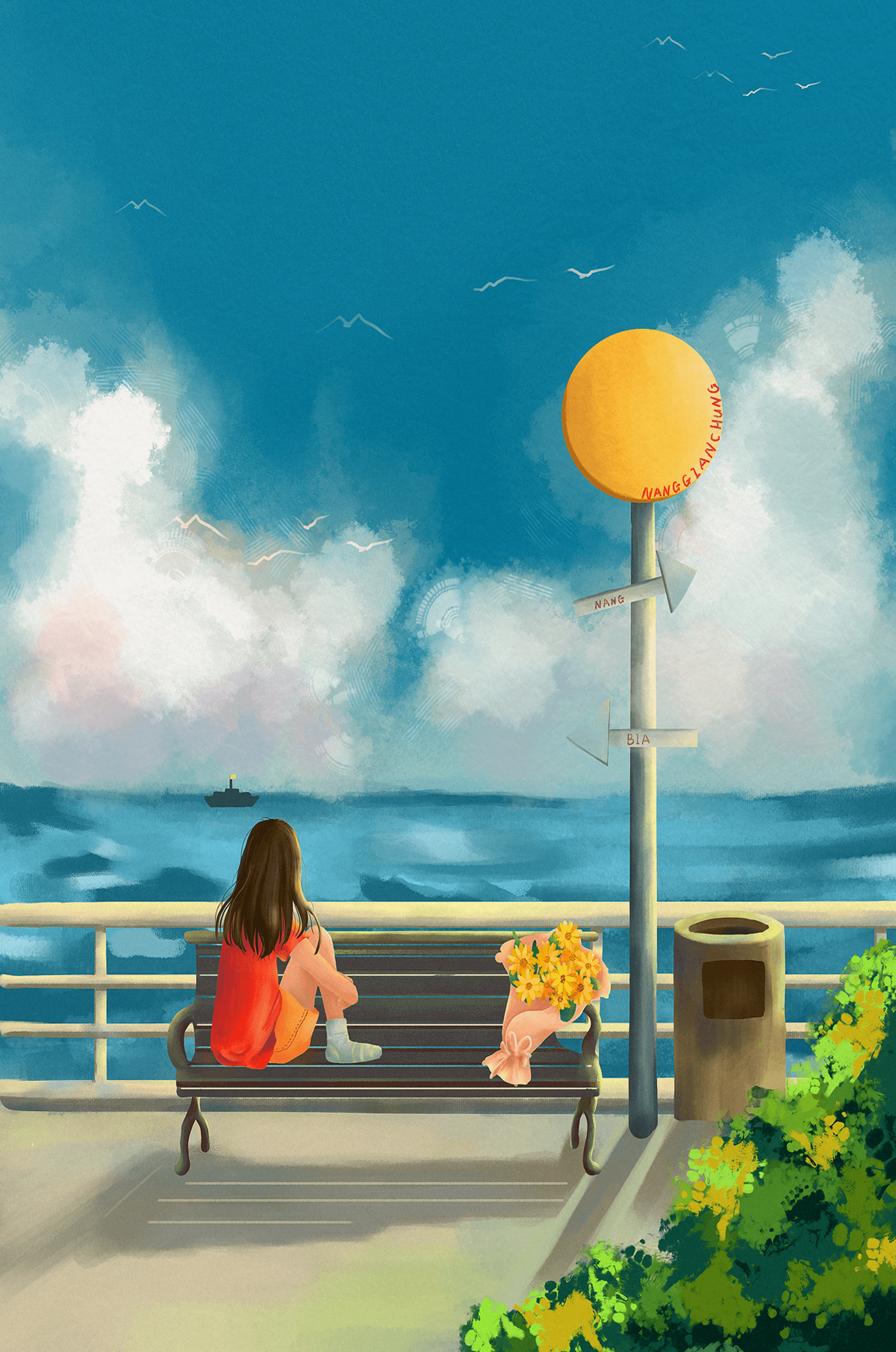 Serene waterfront scene with woman on bench facing the sea