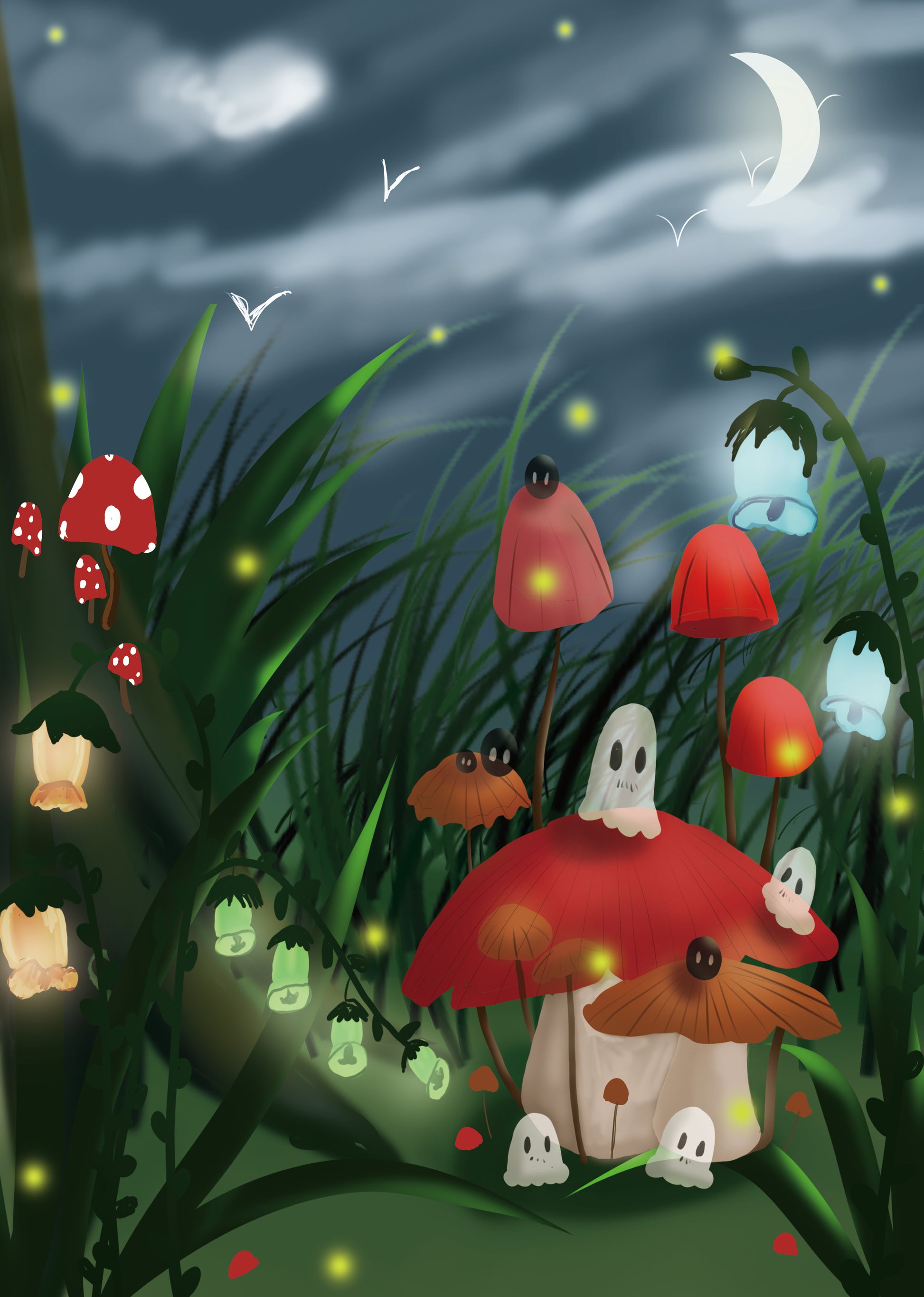Enchanted night scene with glowing mushrooms and moonlit sky