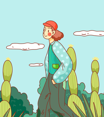 Person walking in desert landscape with cacti