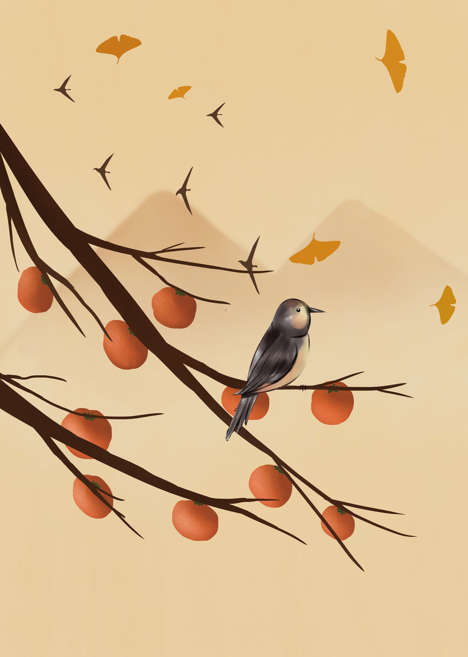 Bird Perched on Branch with Red Fruits and Flying Leaves