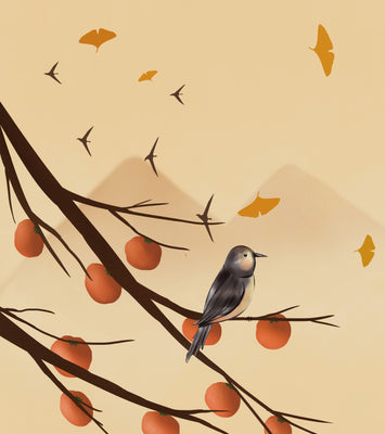 Bird Perched on Branch with Red Fruits and Flying Leaves