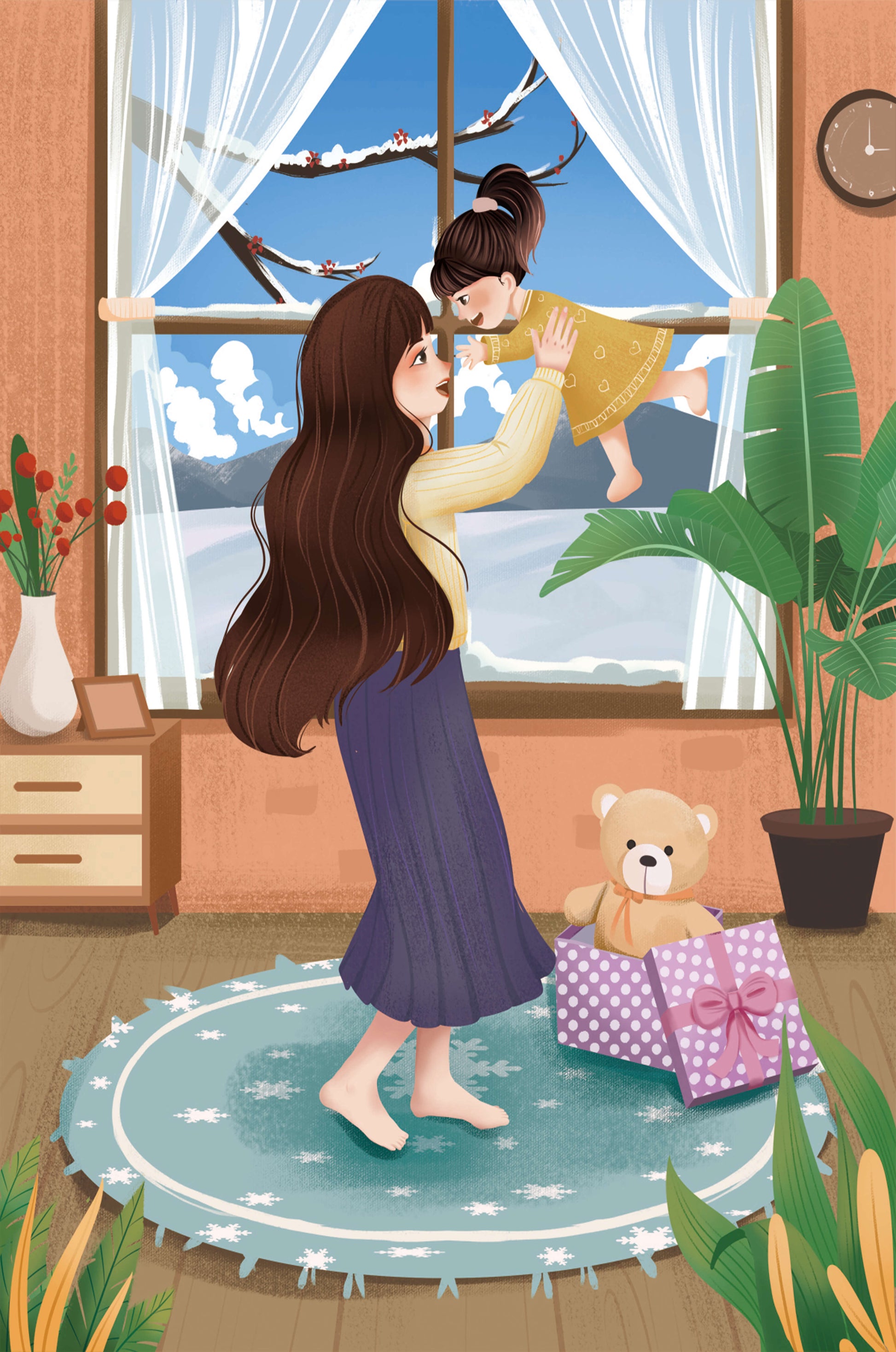 Mother and child bonding in a vibrant living room