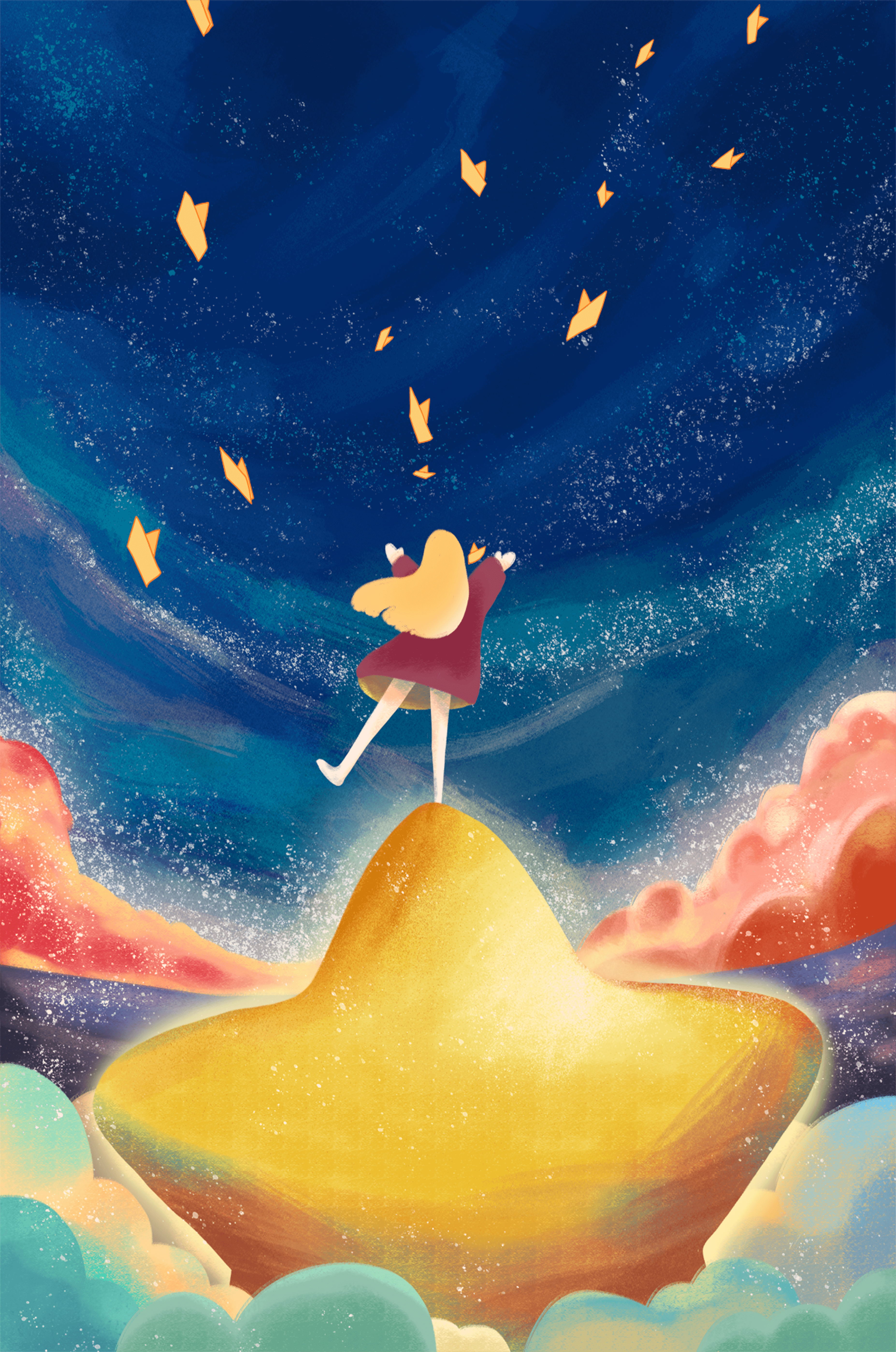 Girl standing on a golden hill reaching for stars in a dreamy night sky