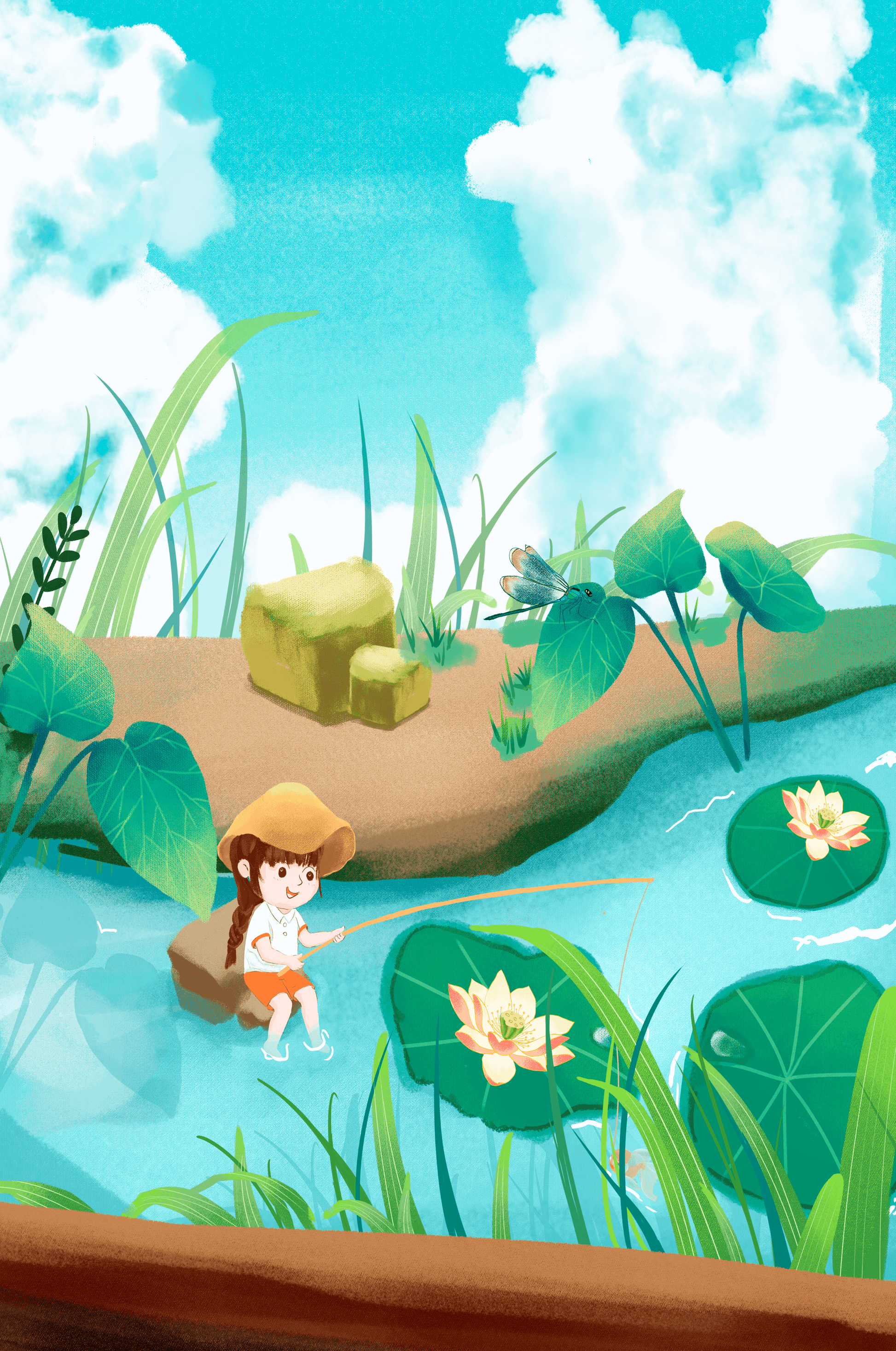 Ruhige Illustration eines Kindes, das an einem Teich mit Seerosen angelt
