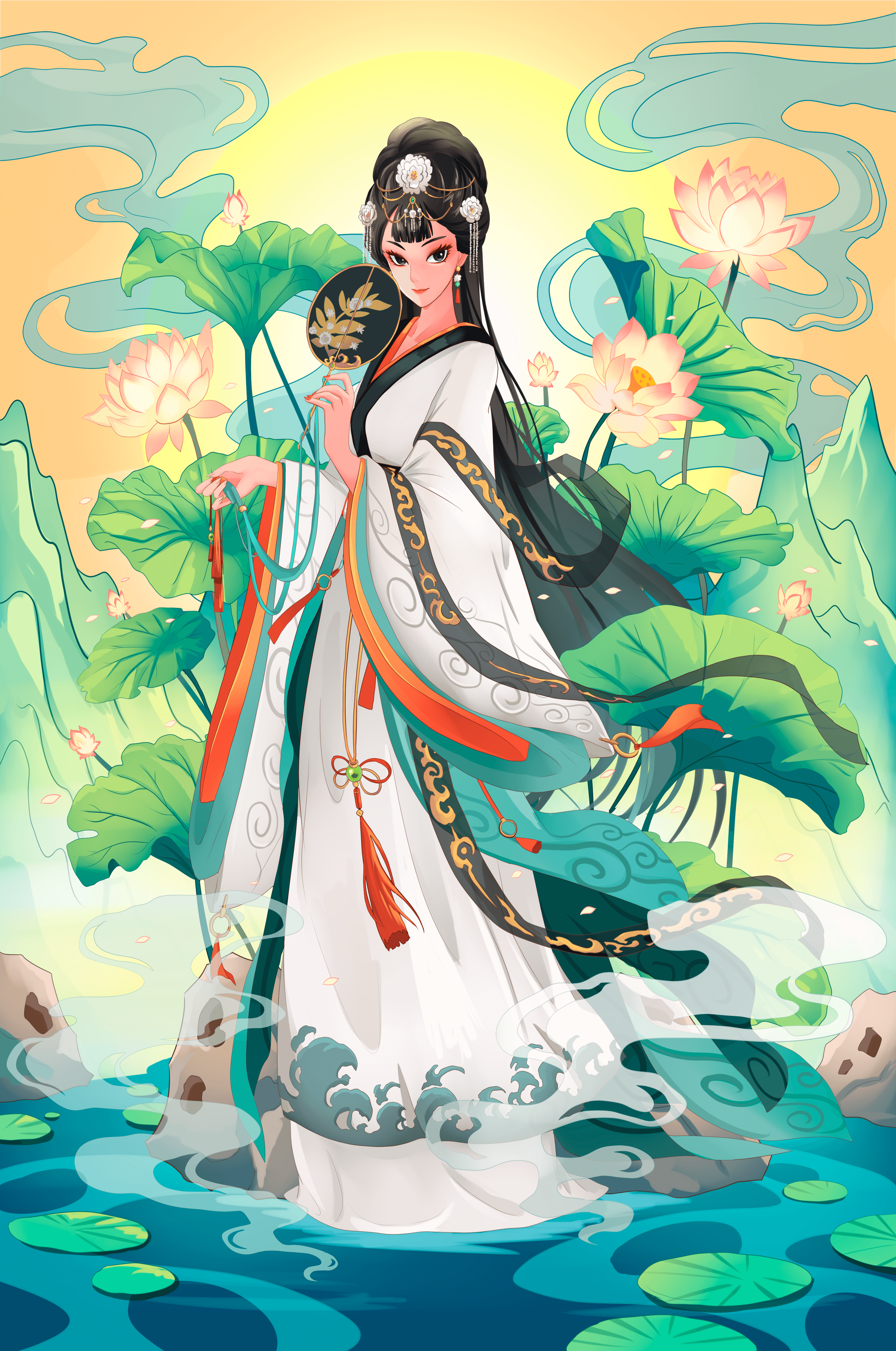 Elegant woman in traditional attire with lotus flowers and serene backdrop