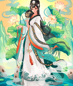 Femme élégante en tenue traditionnelle avec des fleurs de lotus et un décor serein