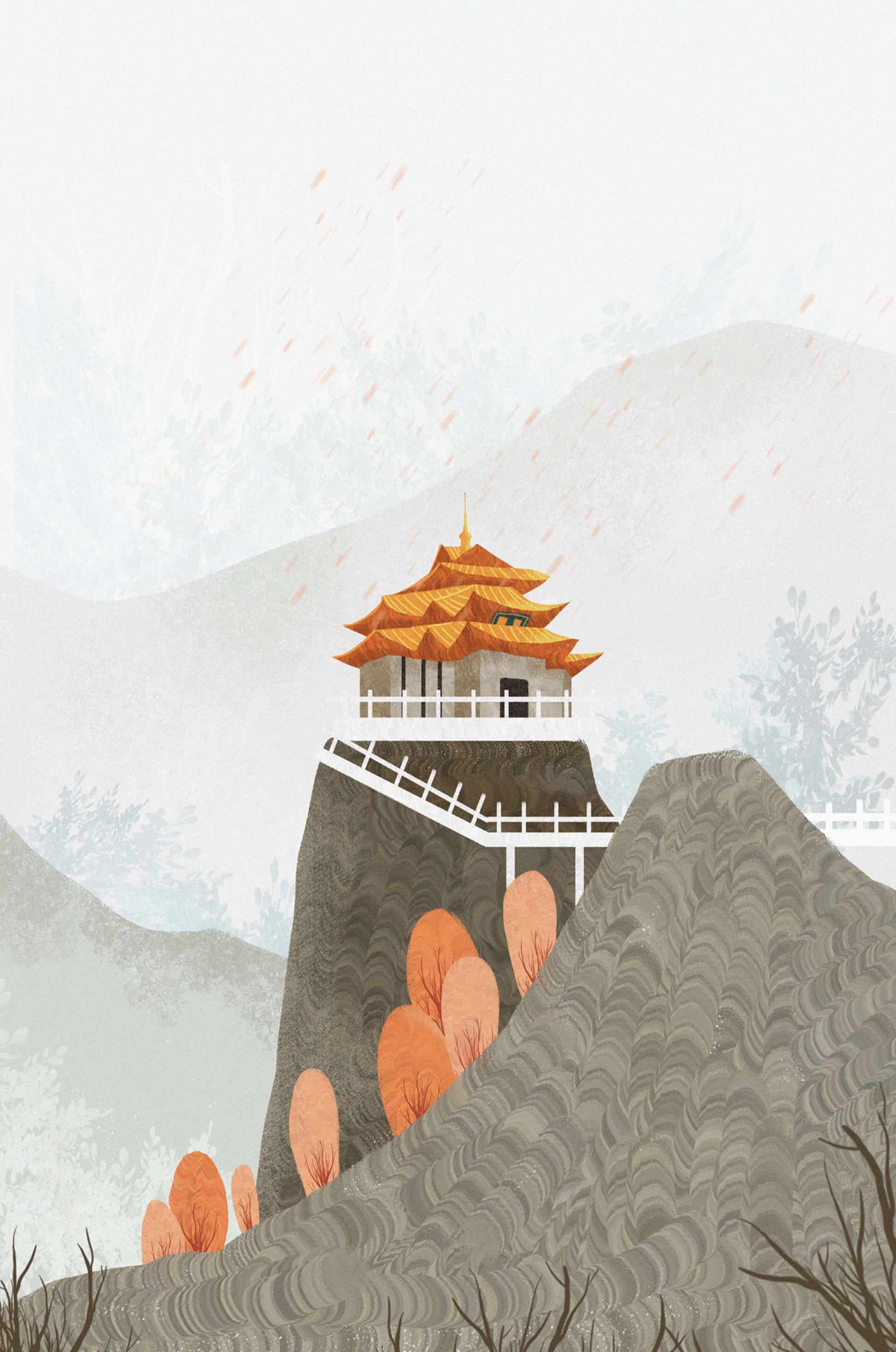 Serene landscape with traditional pagoda and autumn trees