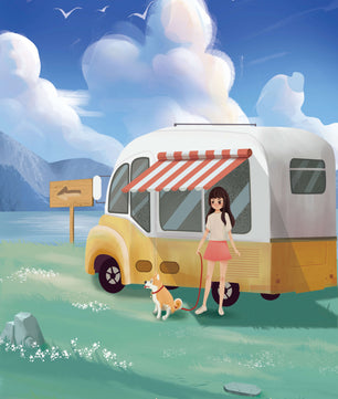 Girl with dog by camper van in serene nature setting