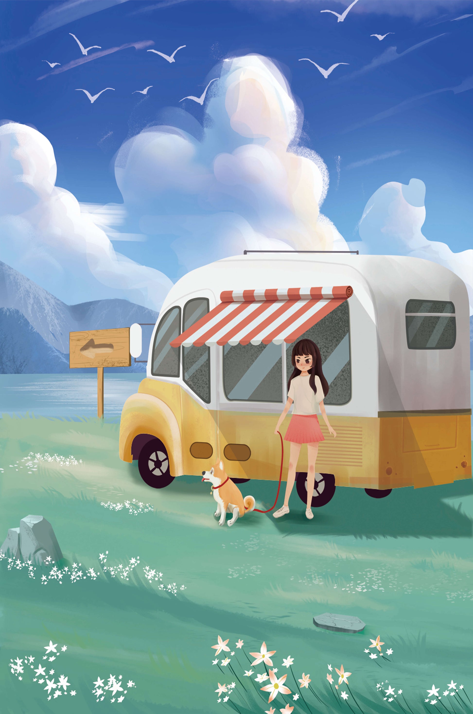 Girl with dog by camper van in serene nature setting