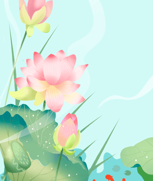 Loteo de flores de loto ilustrativas con hojas y peces koi en un estanque sereno