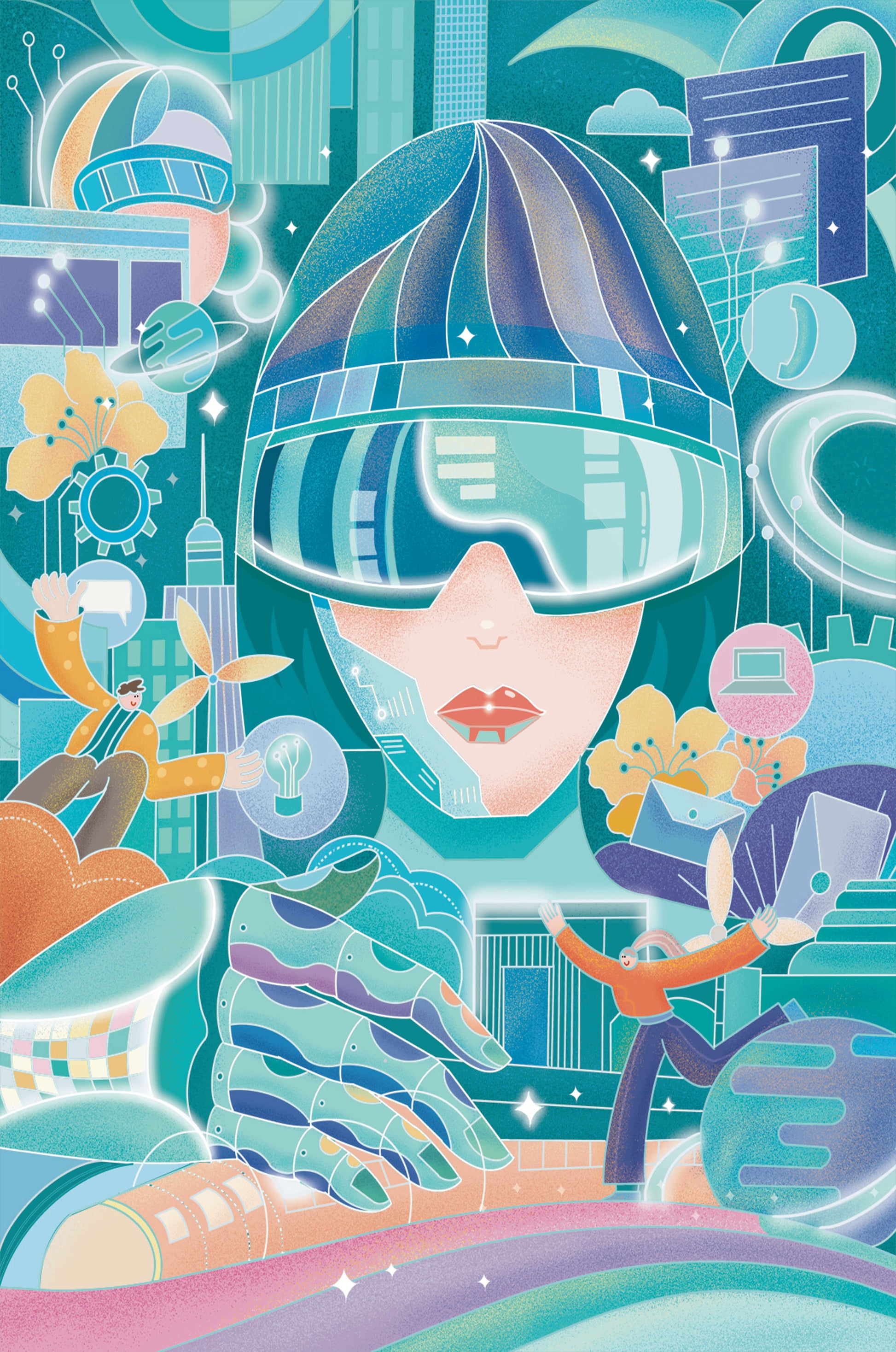 Futuristic digital art with virtual reality and technology themes