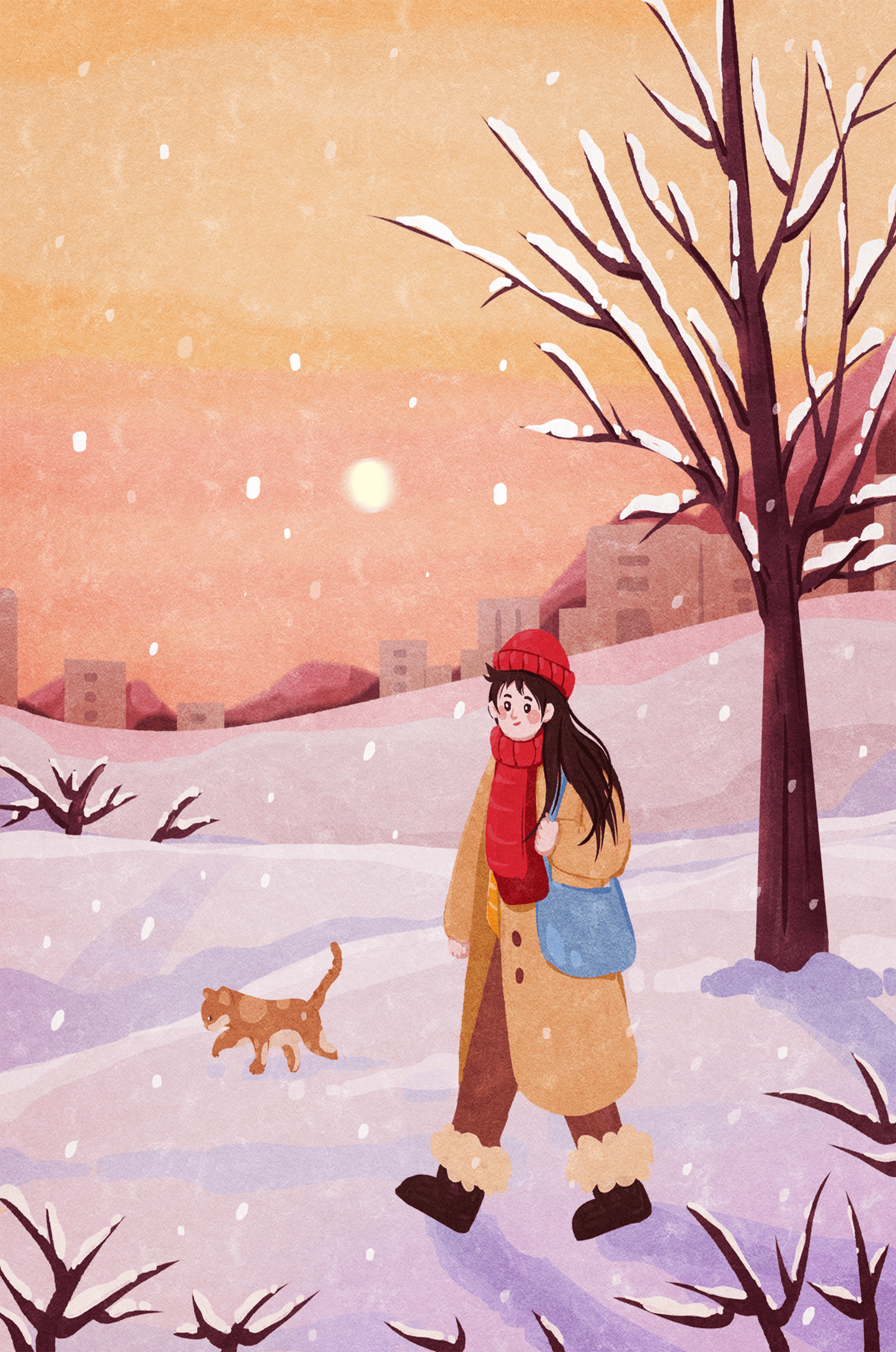 Winter sunset walk with a girl and dog in snowy landscape