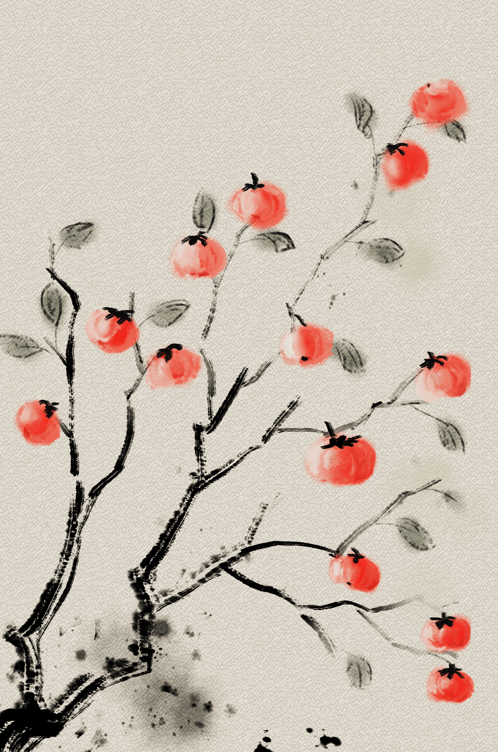 Elegant botanical illustration with vibrant red fruit on branches
