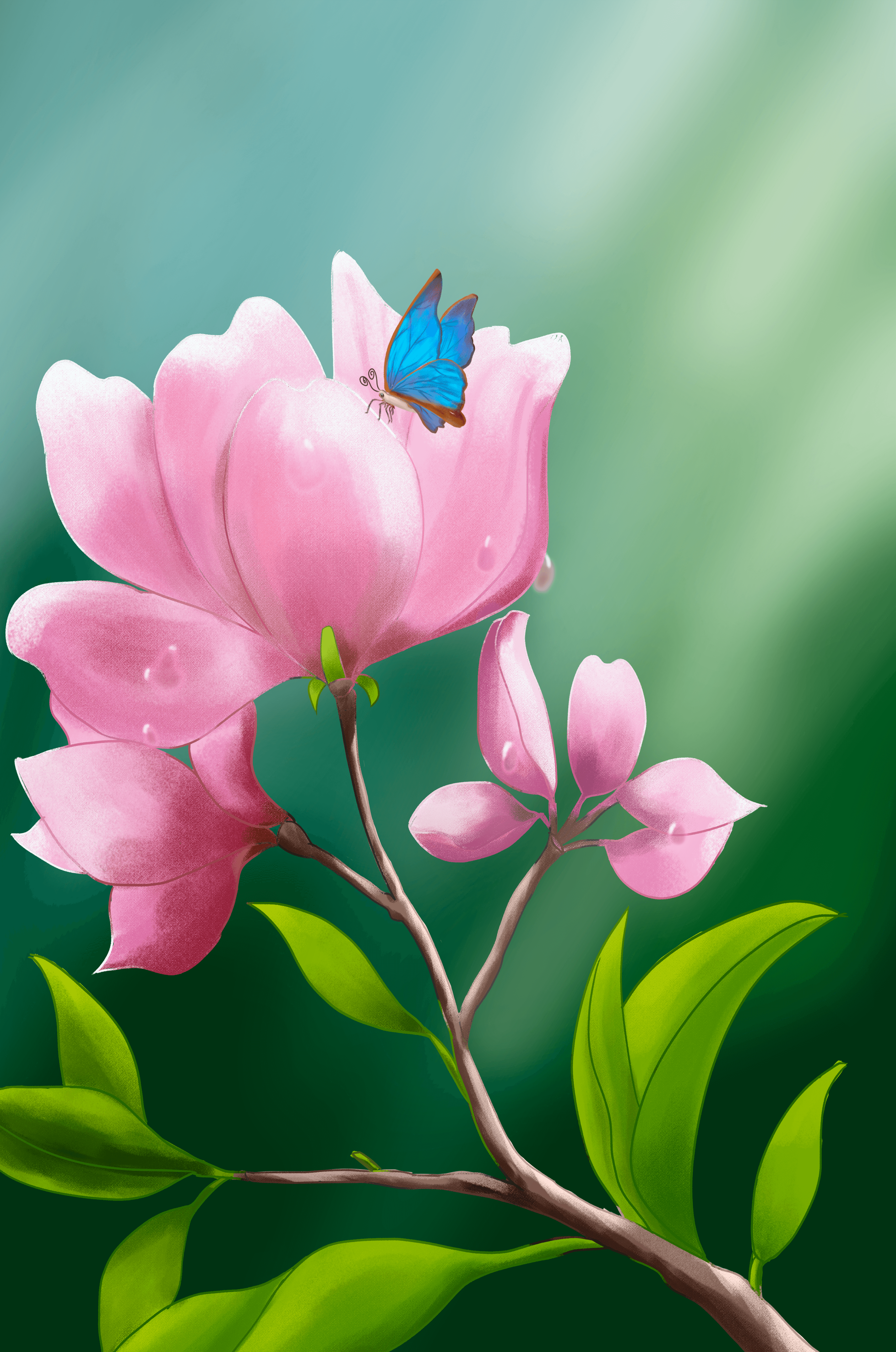 Delicate pink flower with a vibrant blue butterfly in a serene garden setting