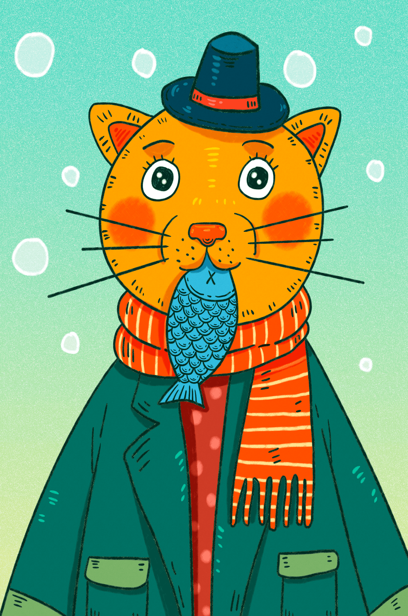 Whimsical cat dressed in colorful winter attire