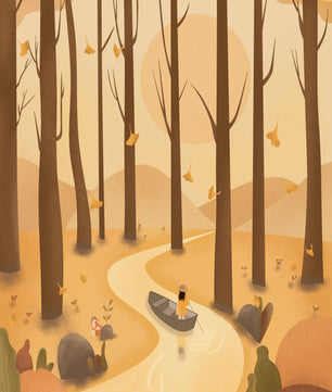 Serene autumn forest with river and boat in digital art scene