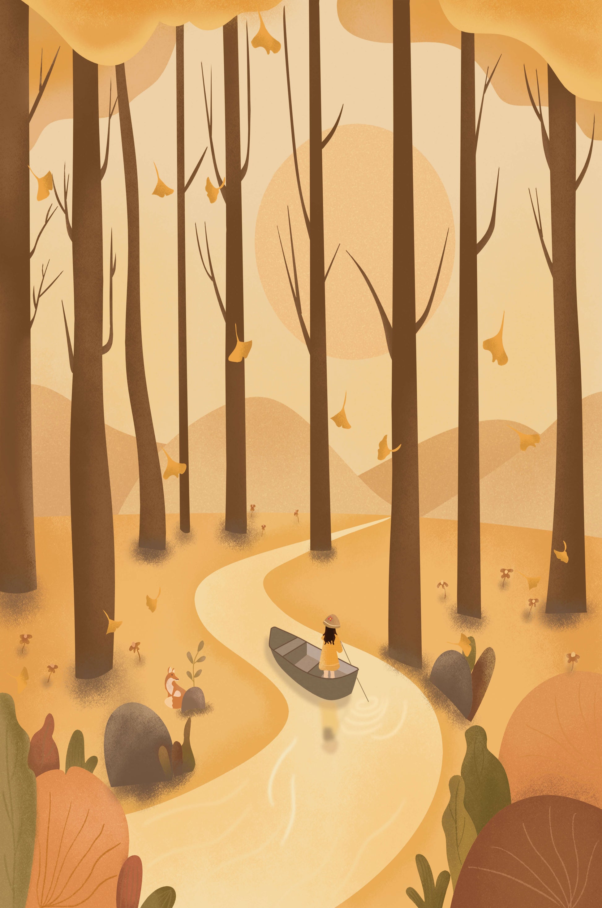 Serene autumn forest with river and boat in digital art scene