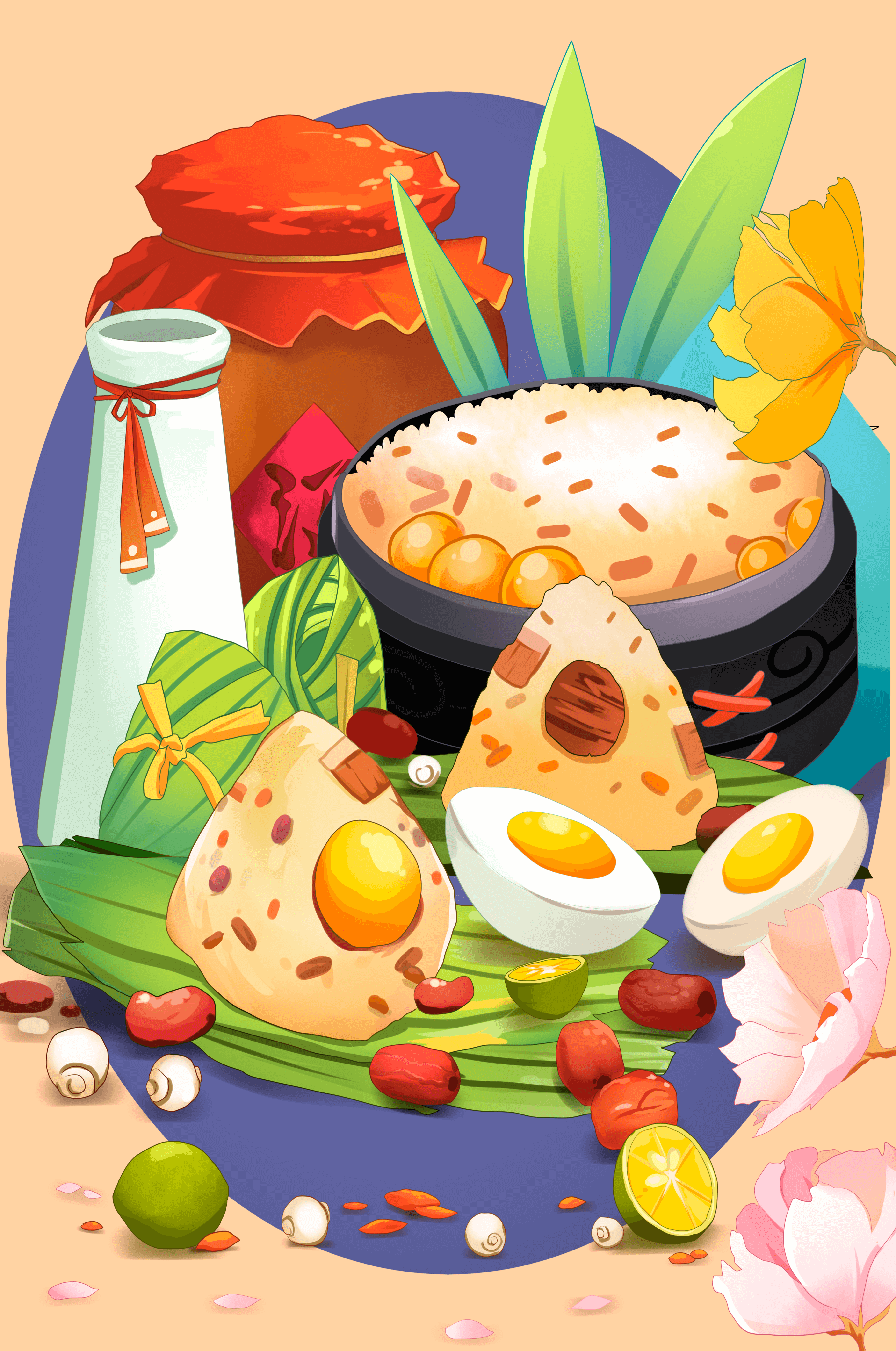 Traditional Asian culinary still life with rice and eggs