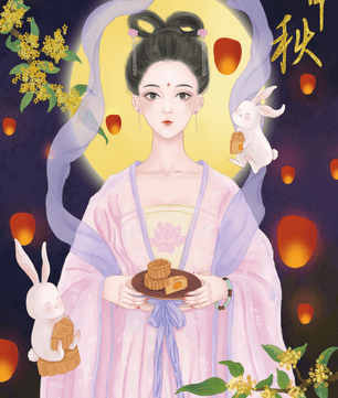 Mid-Autumn Festival Illustration with Moon Goddess and Rabbits