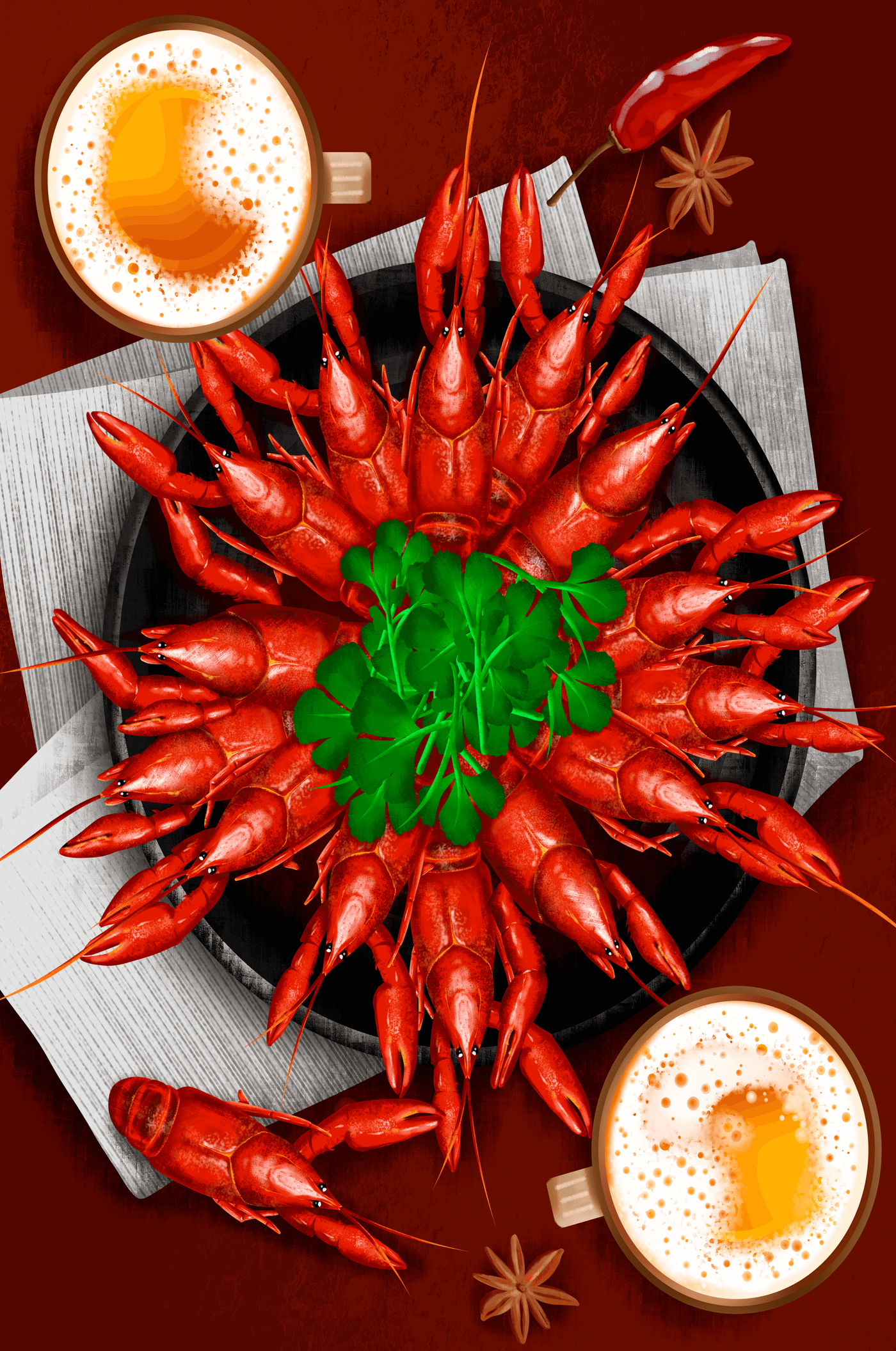 Gourmet seafood platter with crayfish and coffee cups