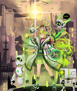 Chica de anime futurista con aura verde y compañeros robóticos en un paisaje urbano de ciencia ficción