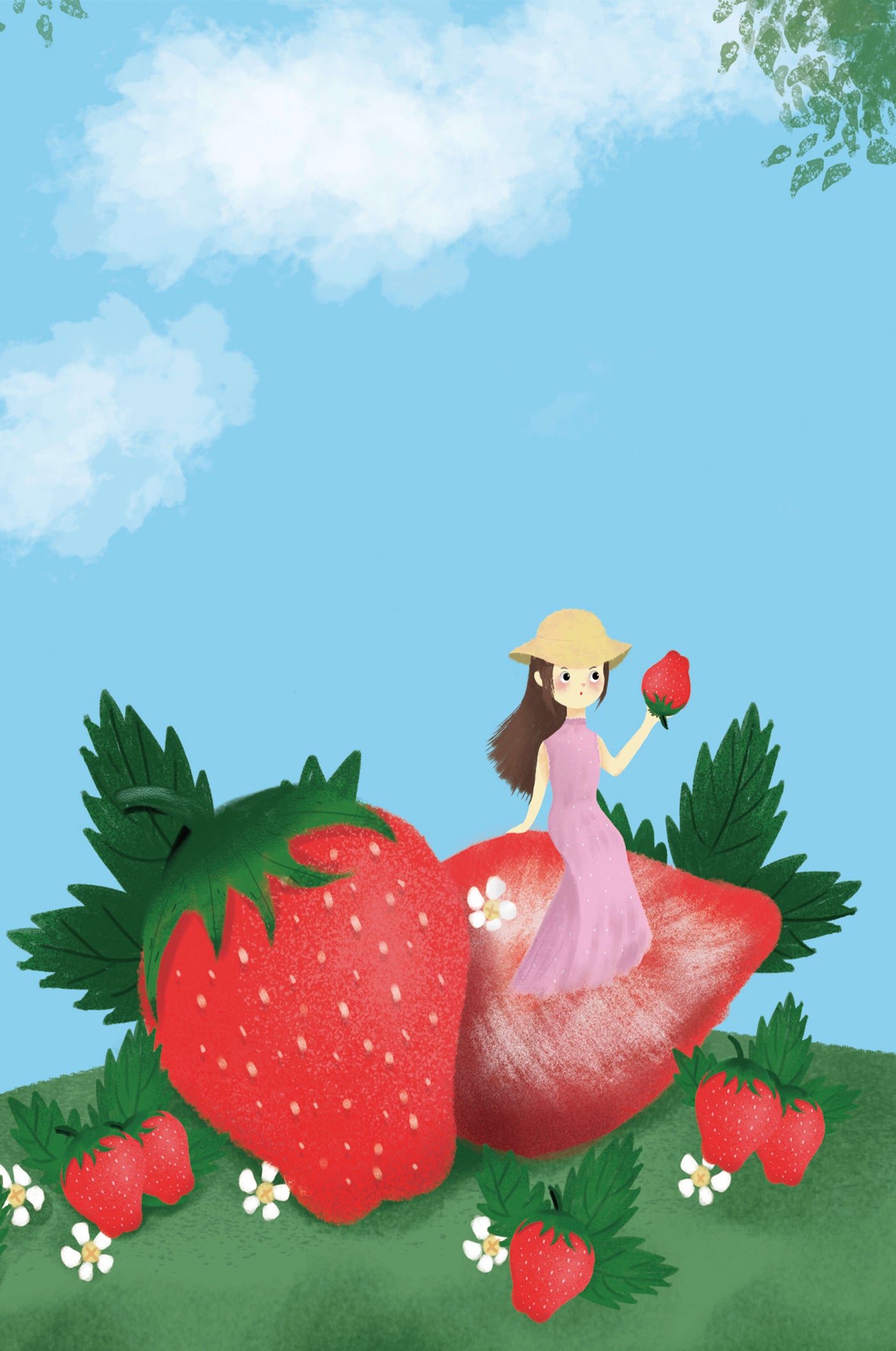 Charming illustration of a girl in a strawberry field