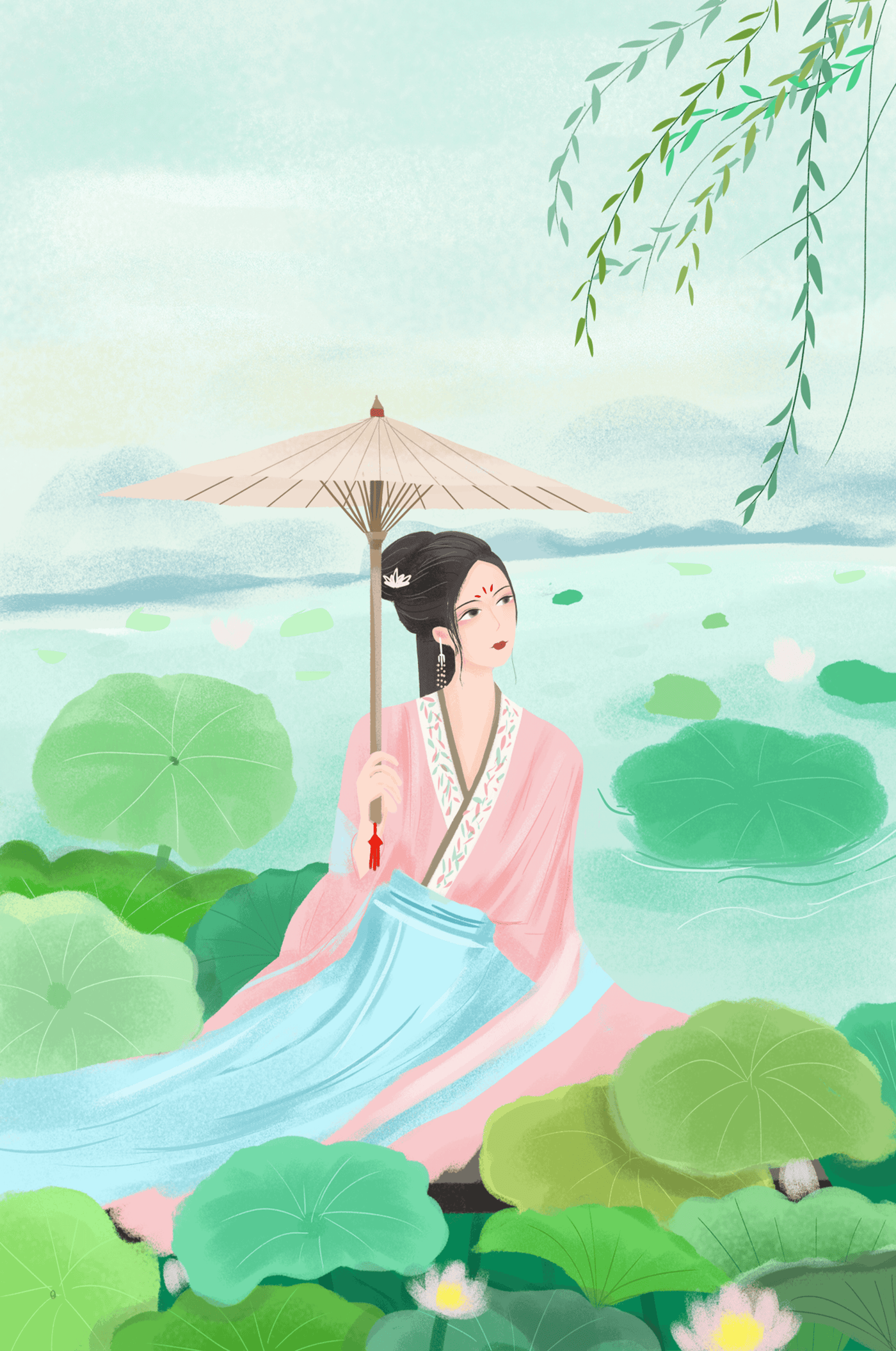 Elegant woman in traditional attire with umbrella surrounded by lotus leaves