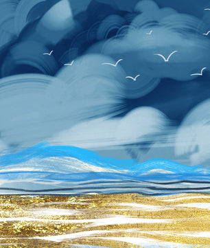 Dynamic Ocean Waves Under Cloudy Sky With Seagulls And Gold-Tinted Sand