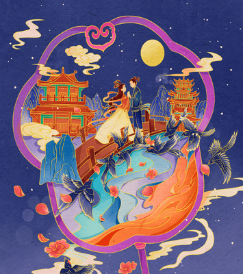 Romantic oriental night scene with couple and pagodas under moonlight