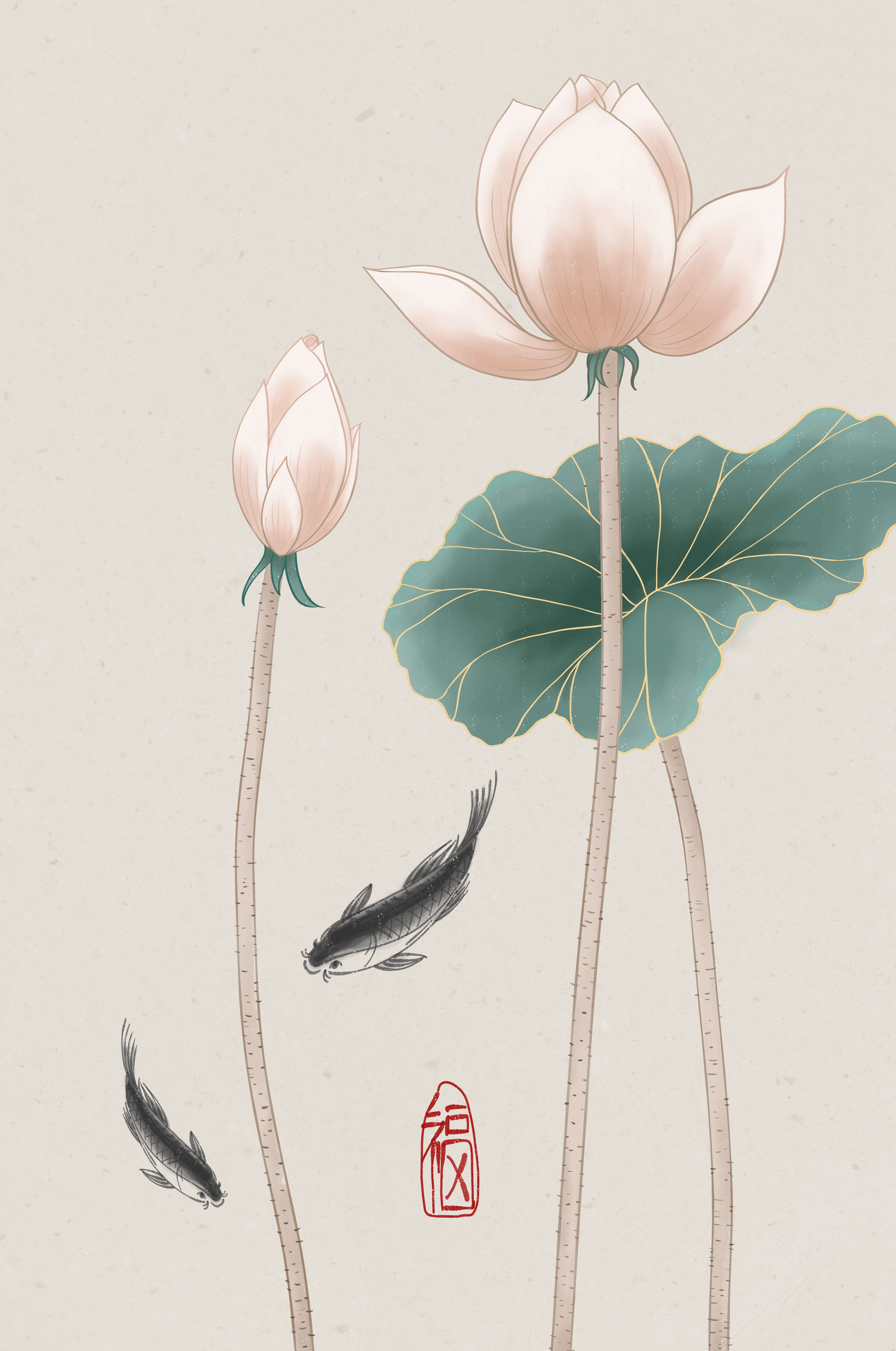 Lotus flowers and koi fish in minimalist Asian art illustration