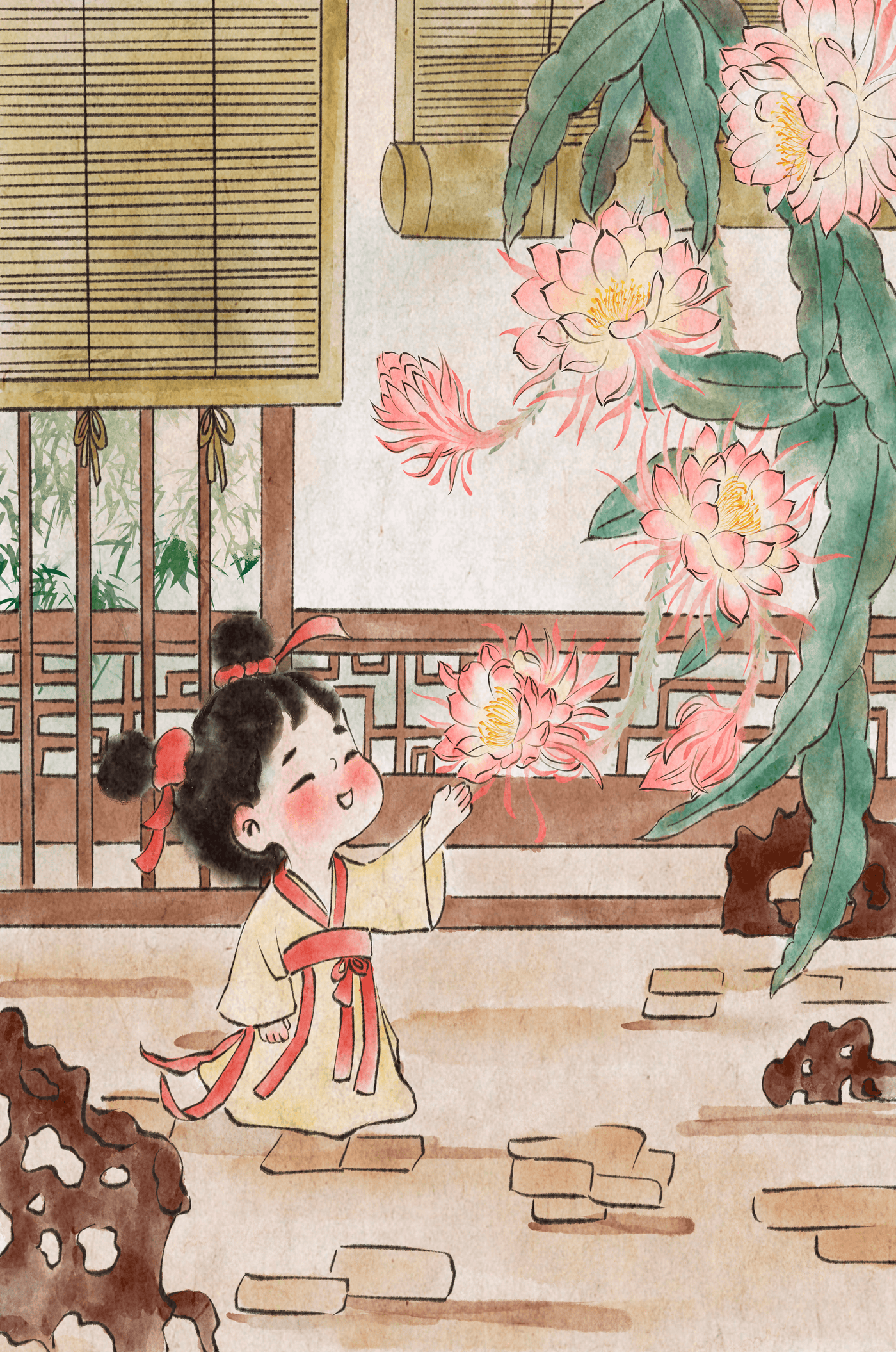 Little girl with flowers in traditional Asian garden