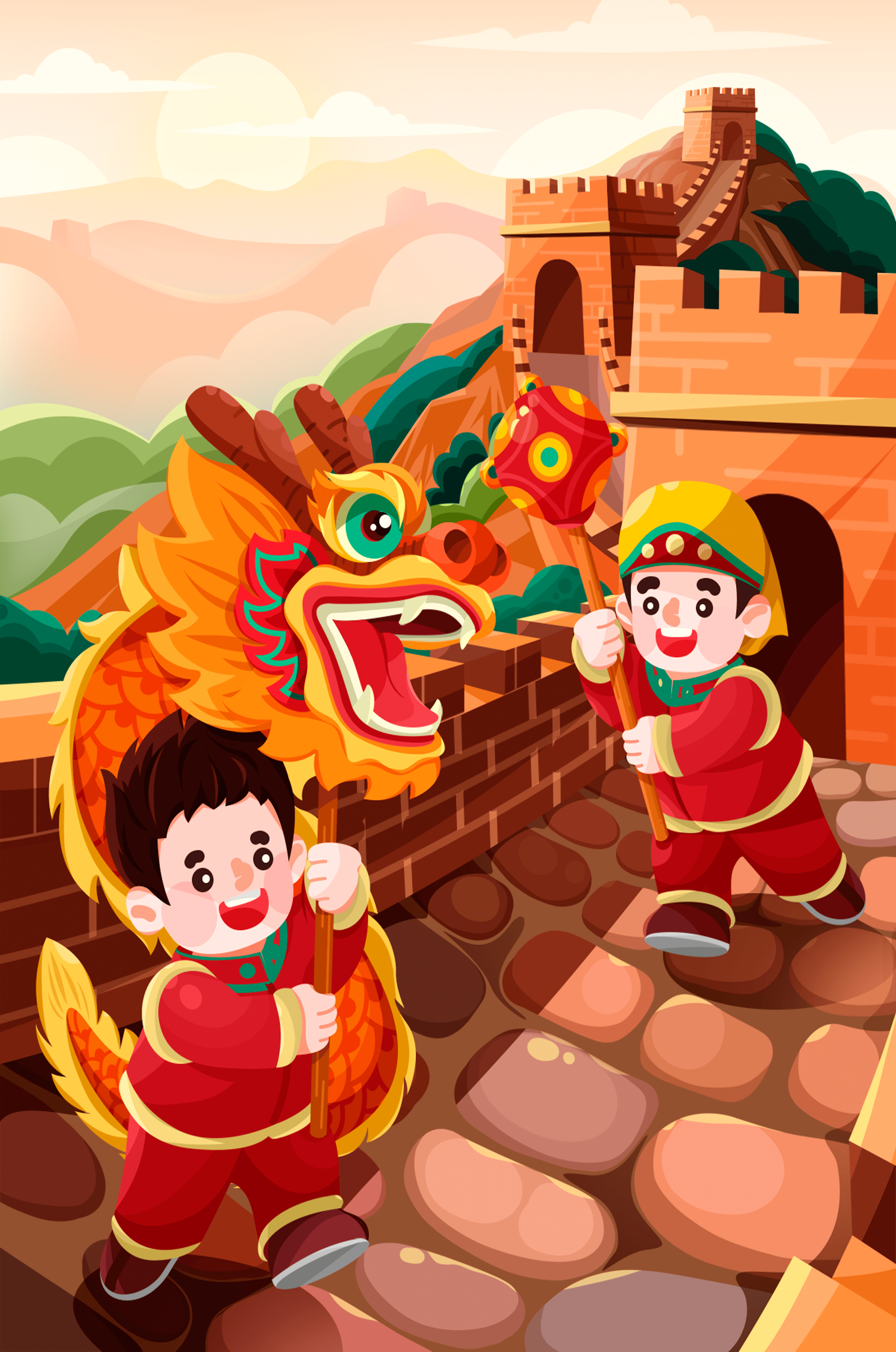 Children celebrating with dragon dance at the Great Wall