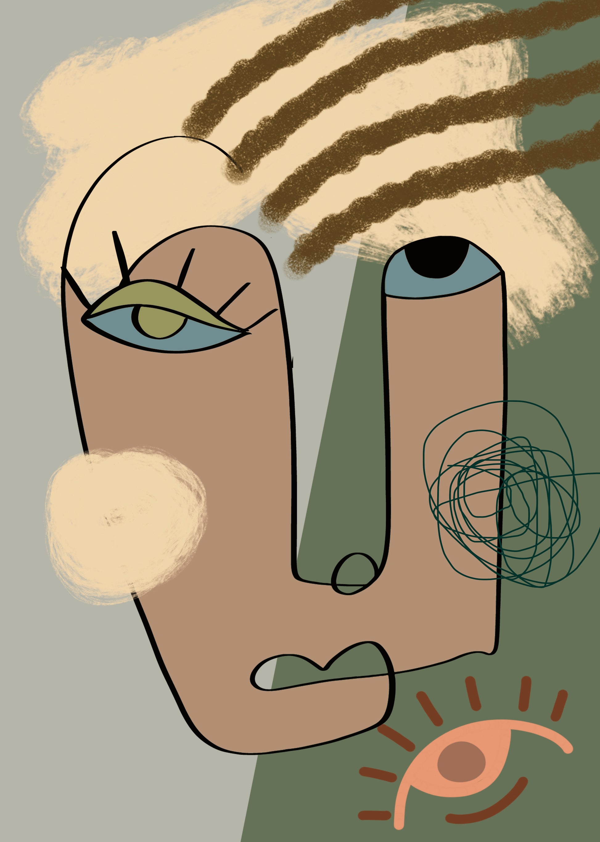 Retrato abstracto con formas geométricas y tonos terrosos.