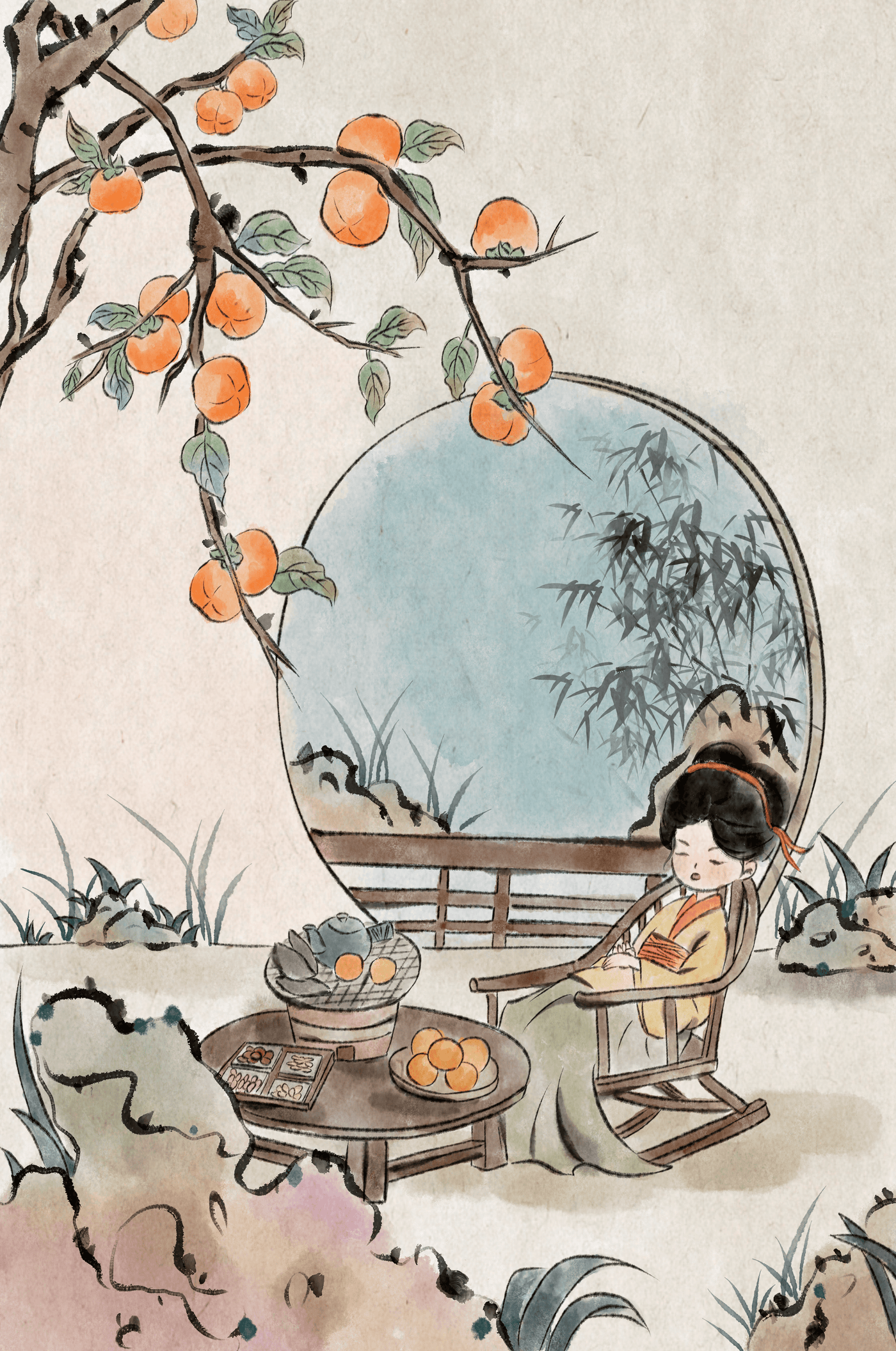 Tranquil garden scene with persimmons and serene figure