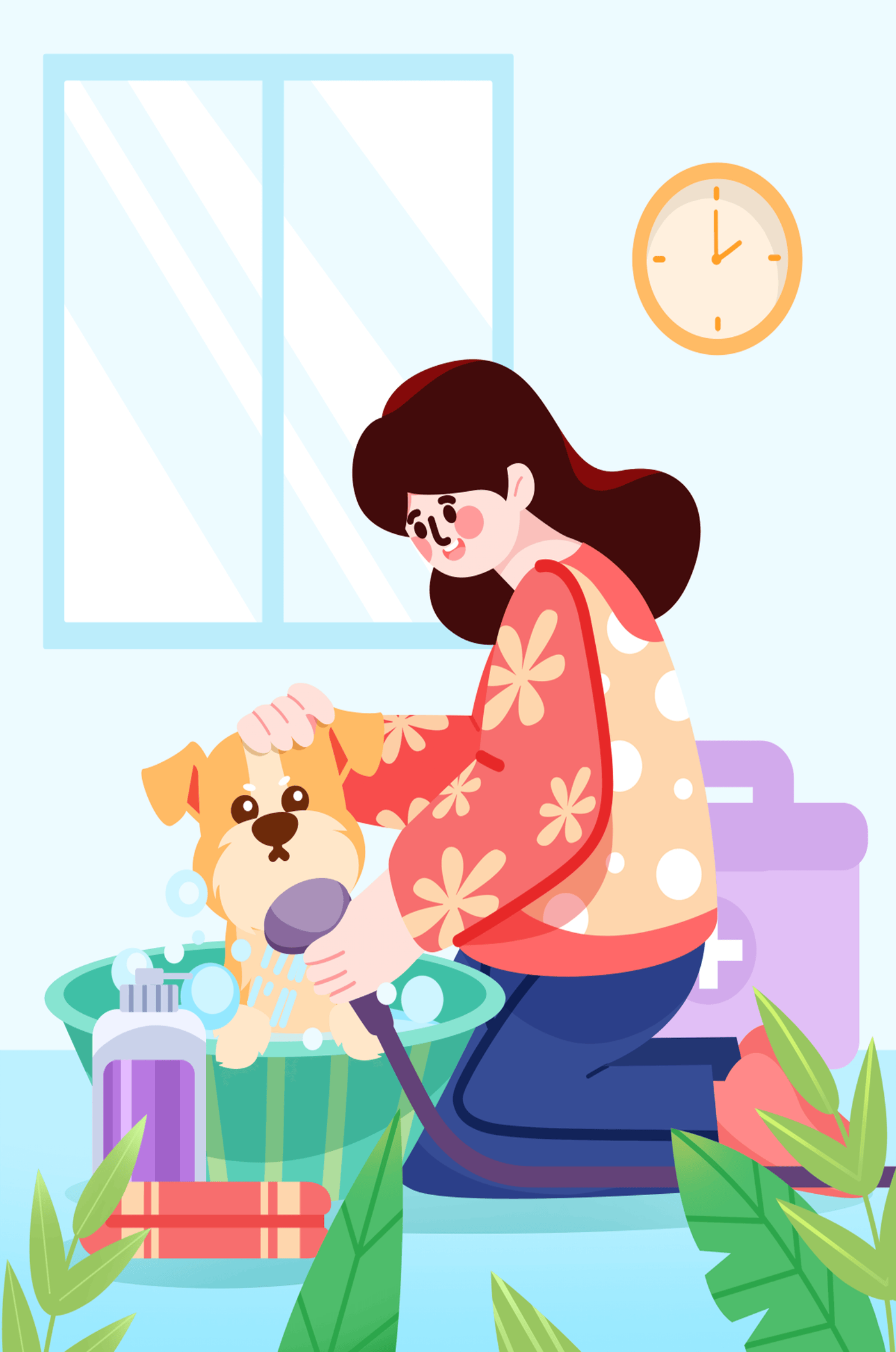 Woman giving a bath to a dog in a colorful bathroom setting