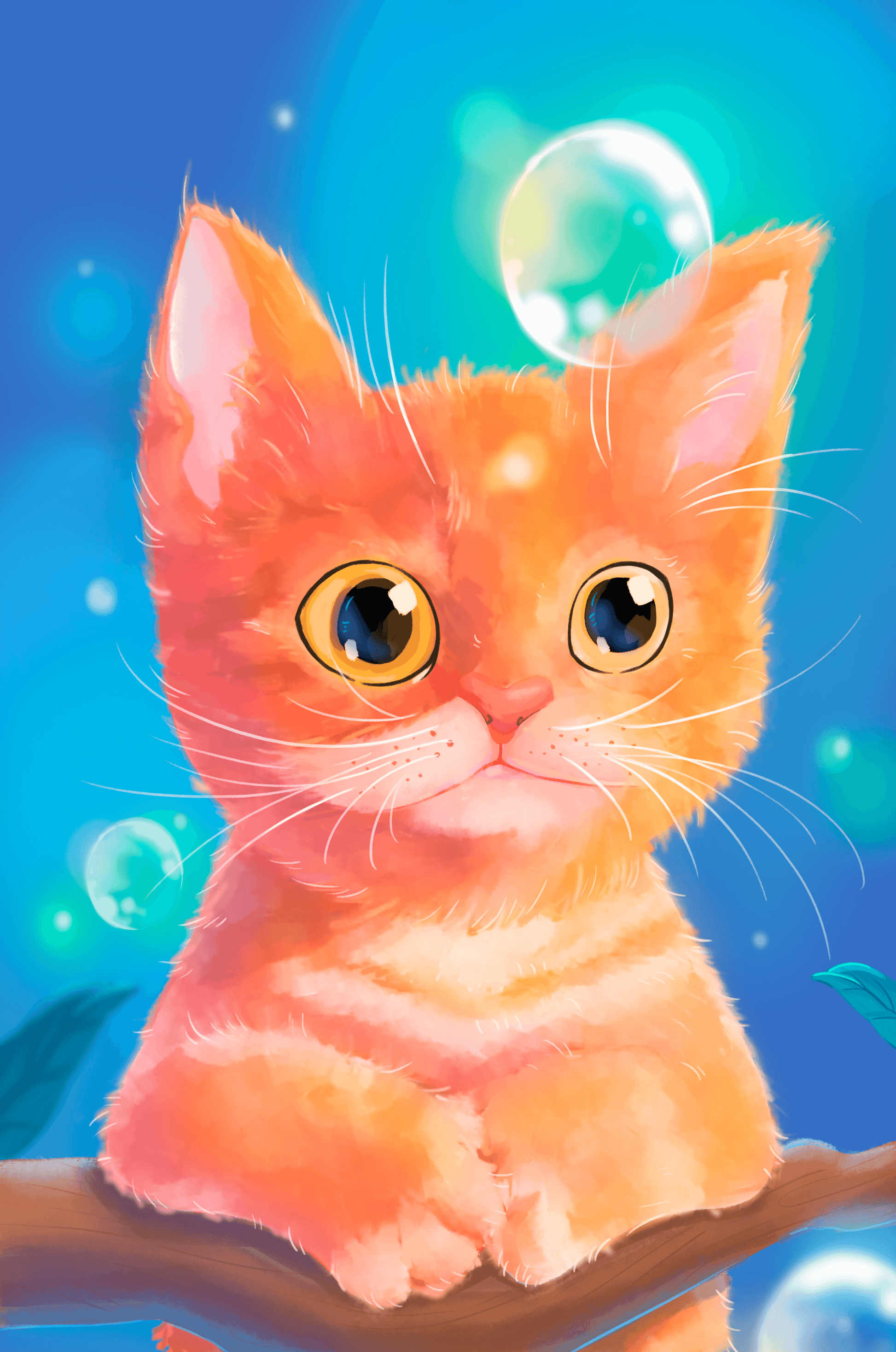 Adorable orange kitten illustration with bubbles and a colorful background