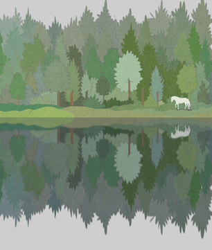 Forest landscape with a white horse and reflection in a tranquil pond