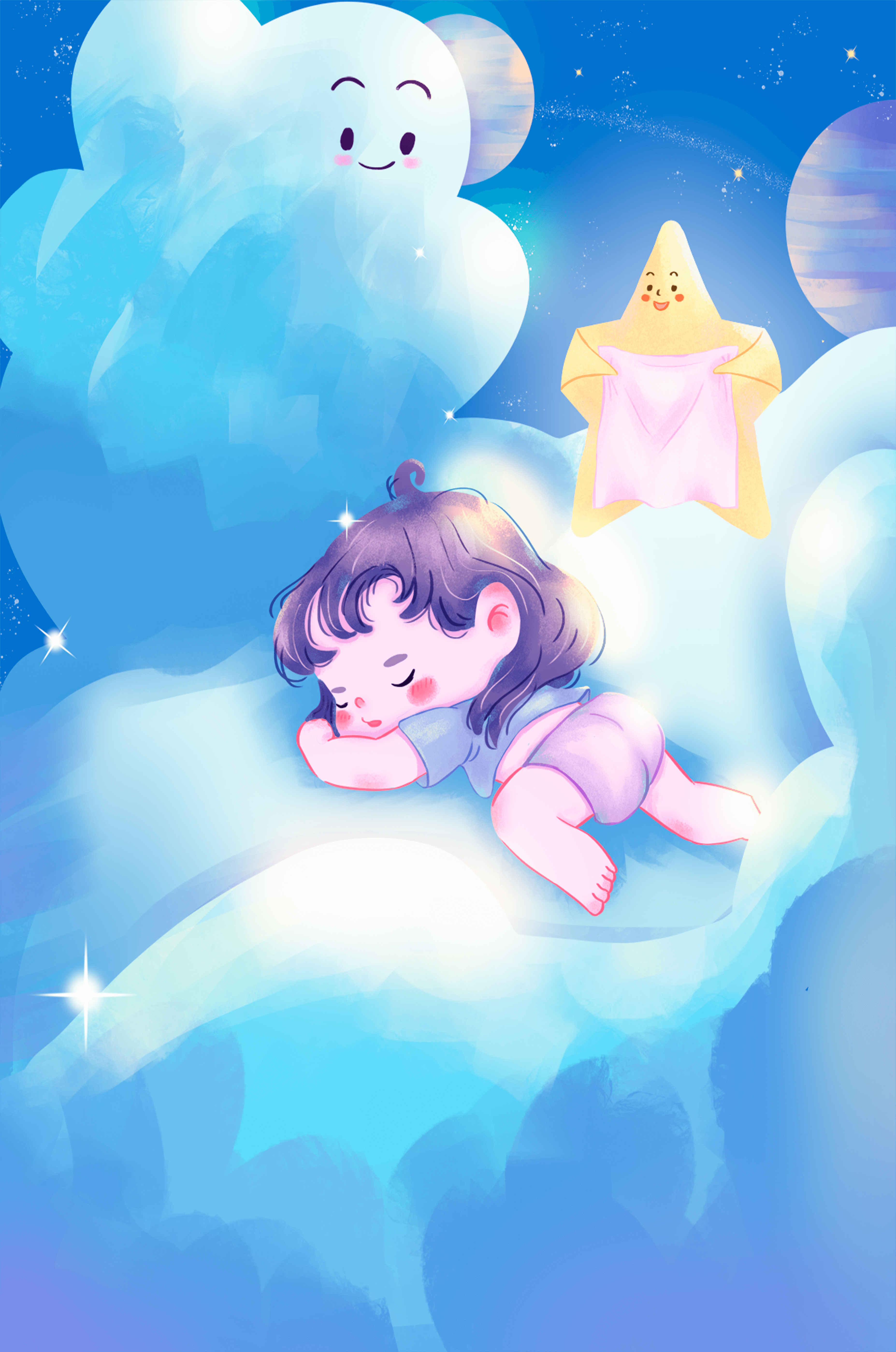 Dreamy illustration of sleeping child on clouds with smiling cloud and star