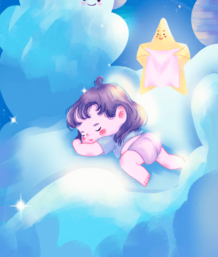 Dreamy illustration of sleeping child on clouds with smiling cloud and star