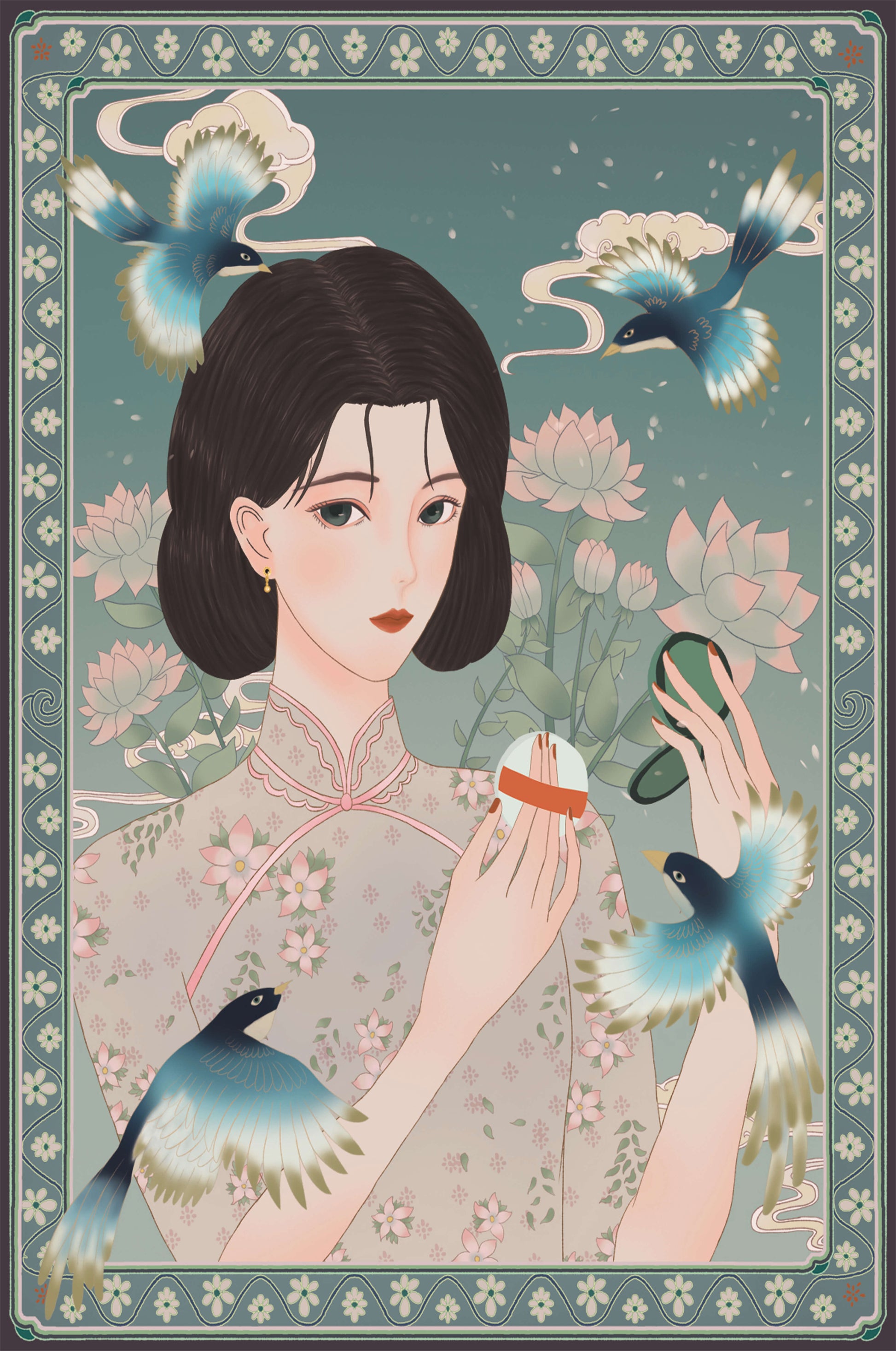 Elegant woman in floral kimono surrounded by birds and lotus flowers