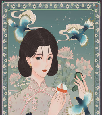 Elegant woman in floral kimono surrounded by birds and lotus flowers