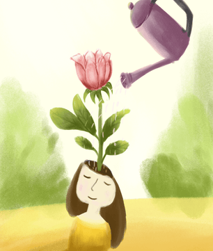 Ilustración de una chica con una flor creciendo de su cabeza siendo regada