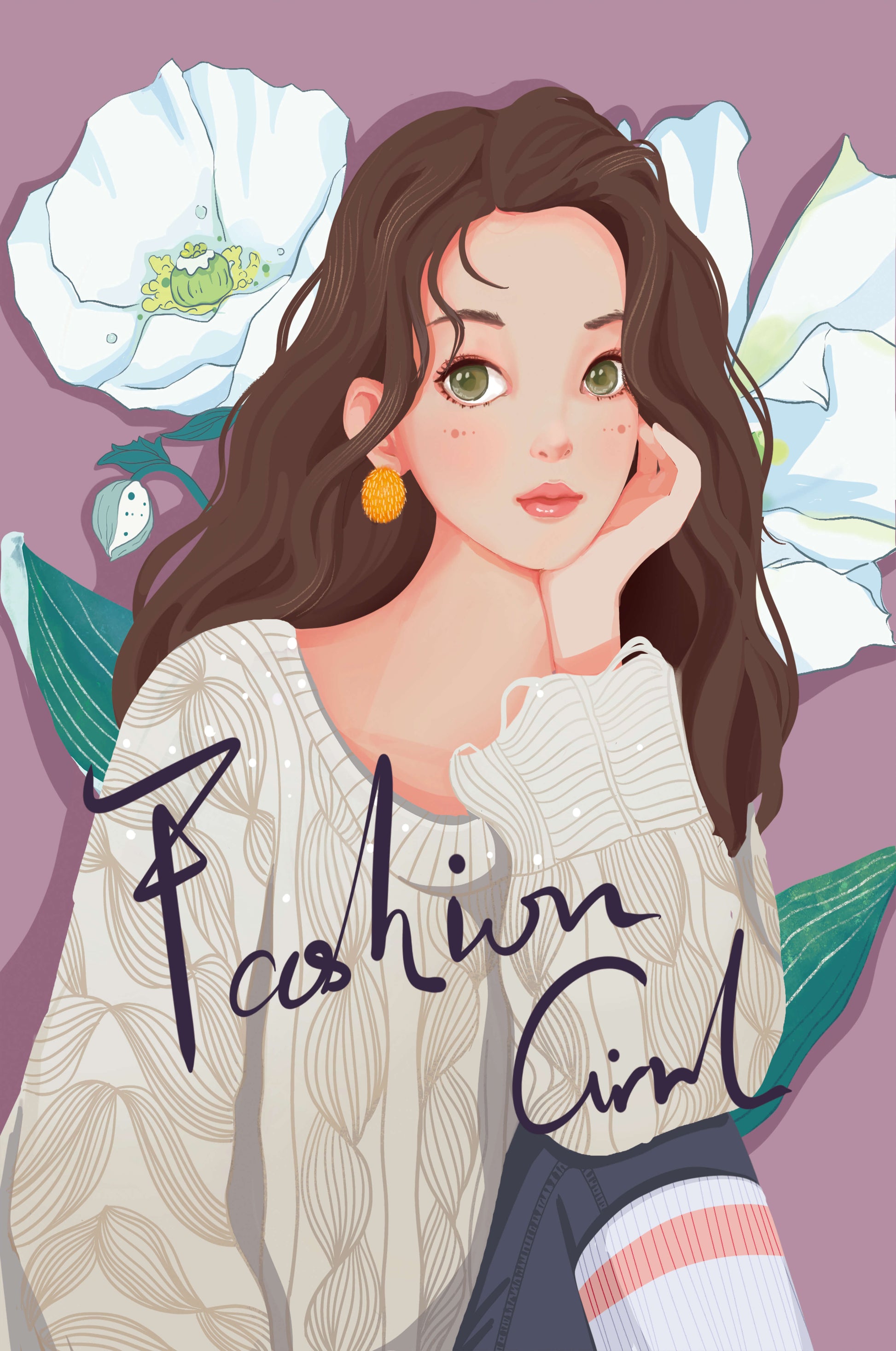 Illustrated fashion girl with floral background and purple theme