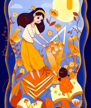 Whimsical illustration with woman and child among books and flowers